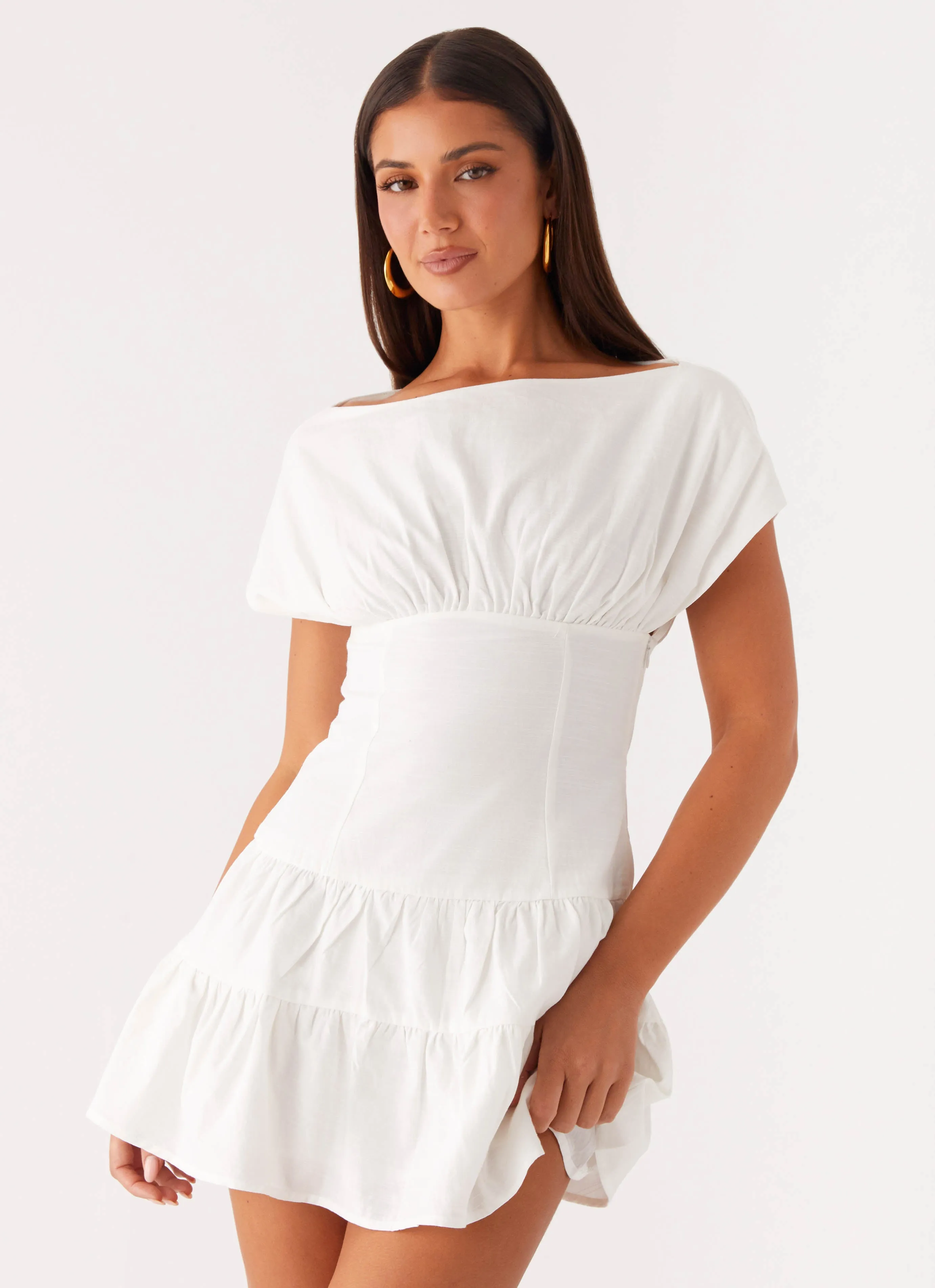 Ember Haze Boat Neck Mini Dress - Off White Applique-Detail