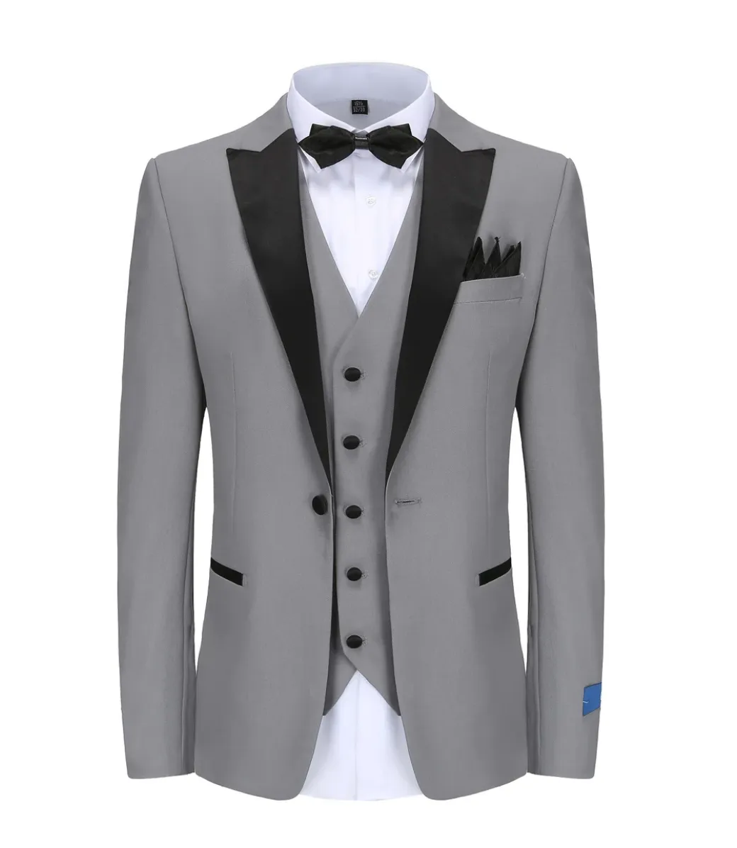 Gray Men's Tuxedo Slim-Fit Black Satin Peak Lapel TX-500