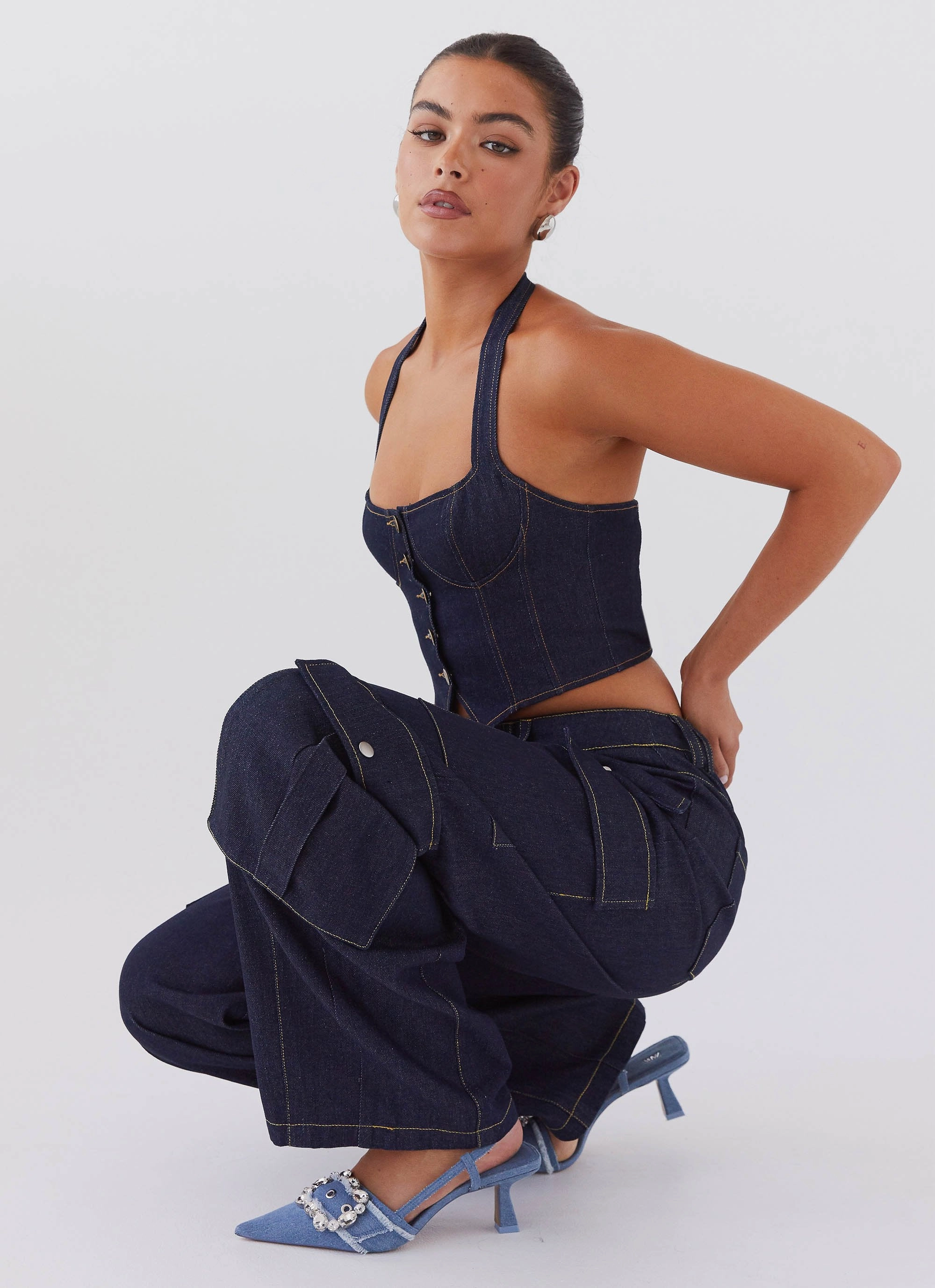 Greedy Denim Cargo Pants - Indigo AdjustableWaistband Built-in shorts