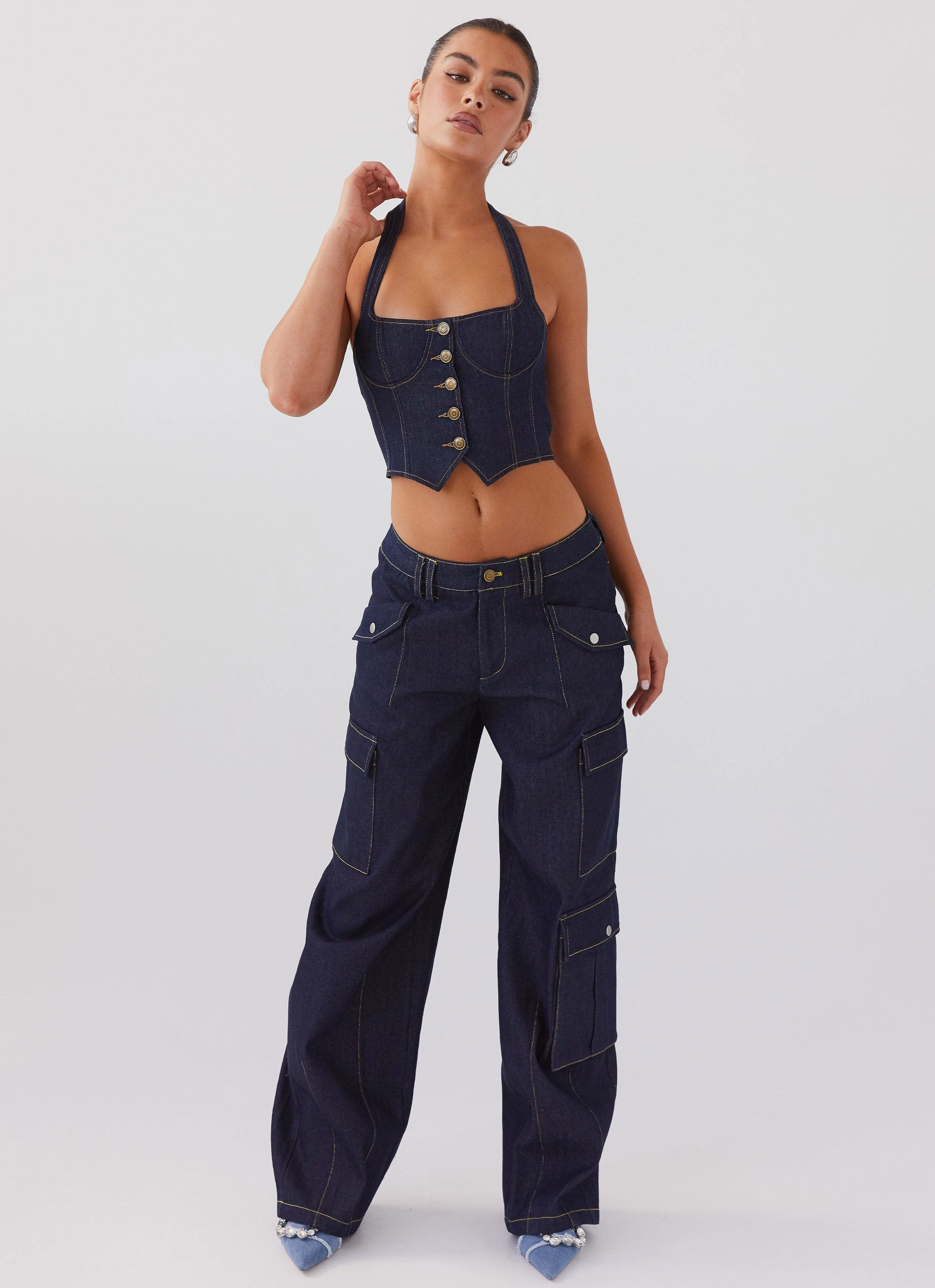 Greedy Denim Cargo Pants - Indigo High Waist