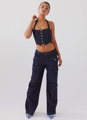 Greedy Denim Cargo Pants - Indigo High Waist
