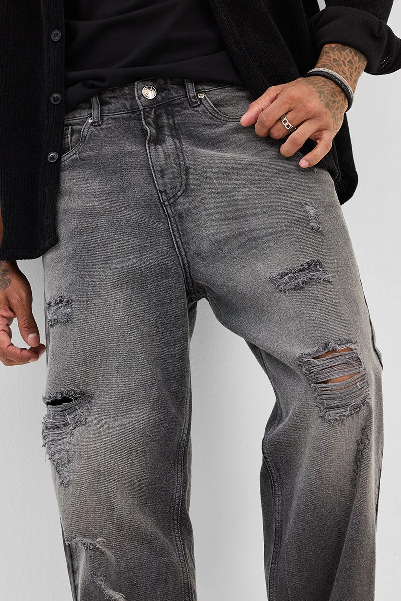 Grey Distressed Loose Fit Jeans