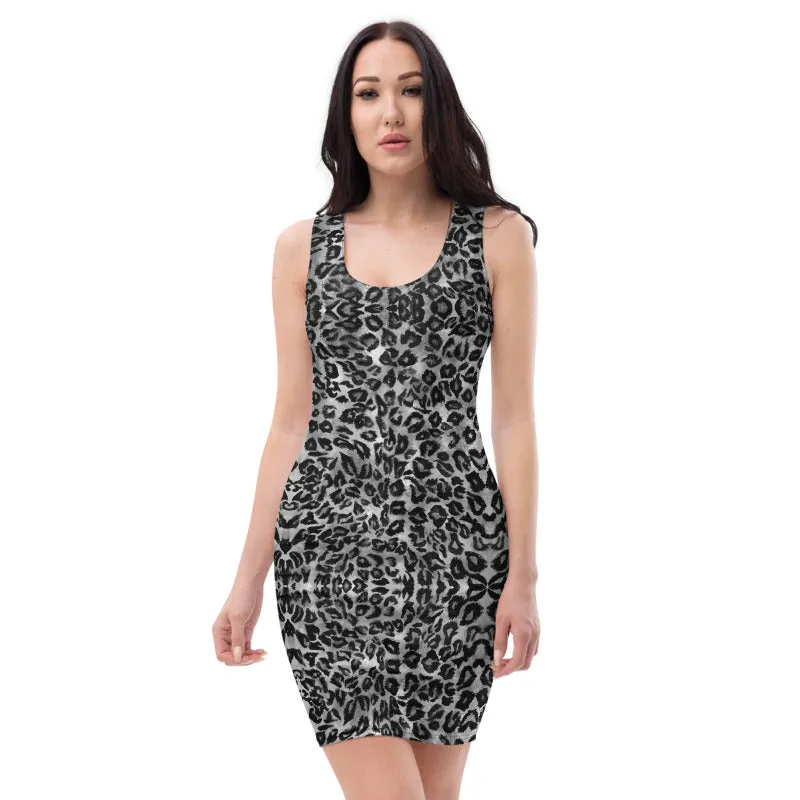Grey Leopard Animal Print Dress, Women's 1-piece Tank Sleeveless Dress-Made in USA/EU