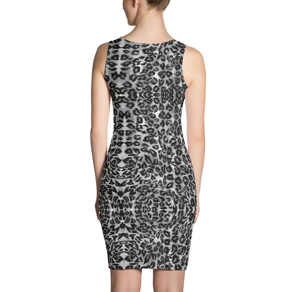 Grey Leopard Animal Print Dress, Women's 1-piece Tank Sleeveless Dress-Made in USA/EU