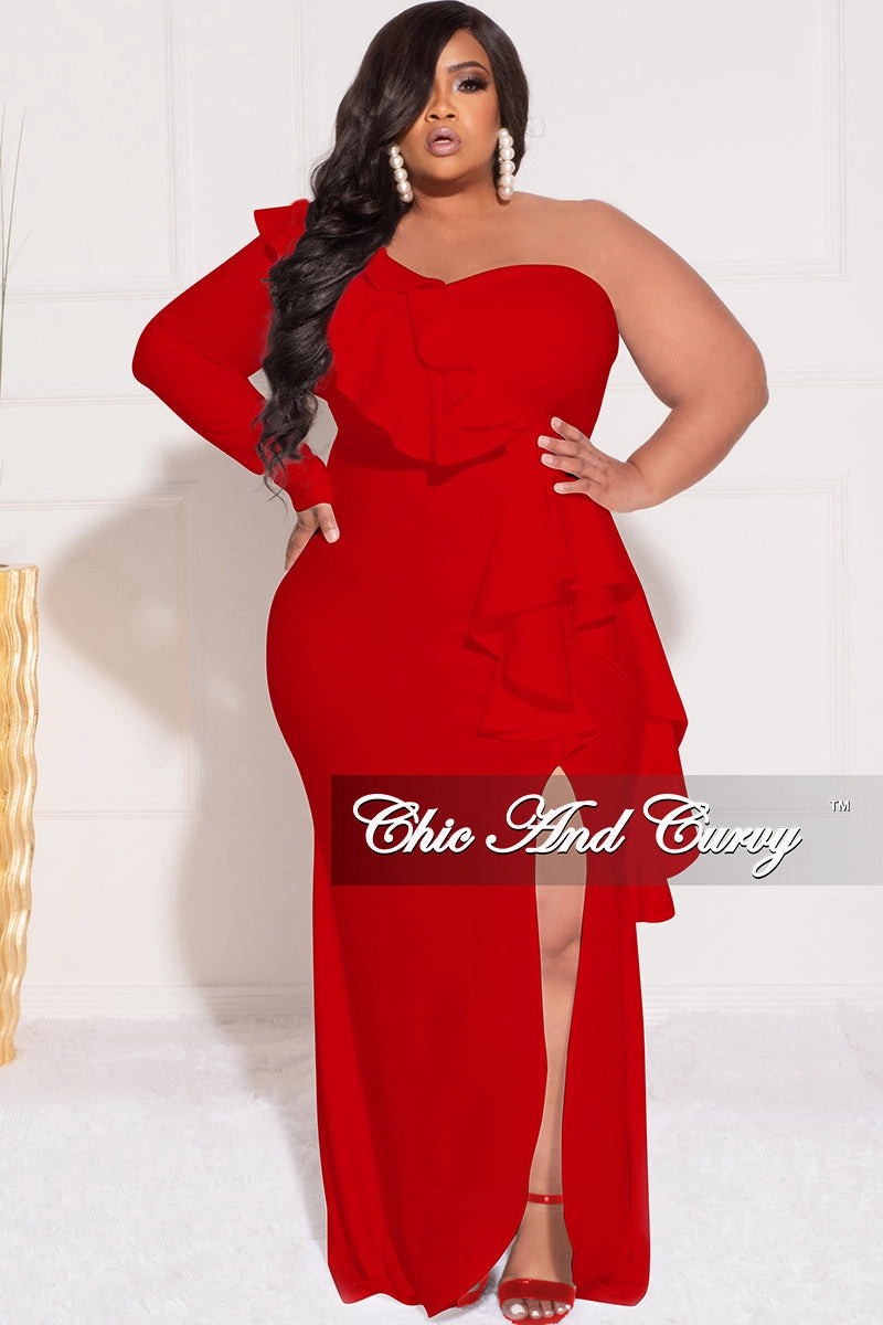 AirflowVents Final Sale Plus Size One Sided Ruffle Gown with Front Slit in Red