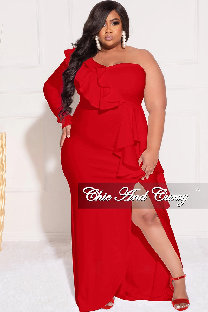 Final Sale Plus Size One Sided Ruffle Gown with Front Slit in Red Breathable Design RollUpSleeves