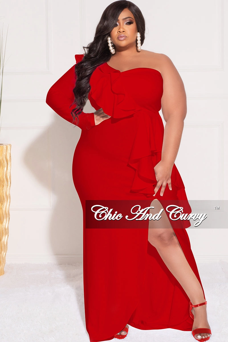 Final Sale Plus Size One Sided Ruffle Gown with Front Slit in Red YarnBlend Adjustable Hem
