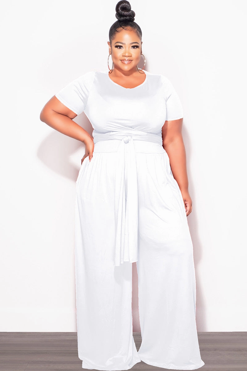 Final Sale Plus Size 2pc Short Sleeve Tie Top and Pants Set in White Stylish Waistband Low Maintenance