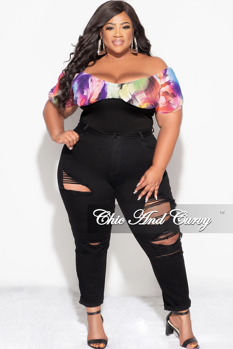 Urban Ready Low Bulk Material Final Sale Plus Size Off the Shoulder Bodysuit in Multi Color Floral Print