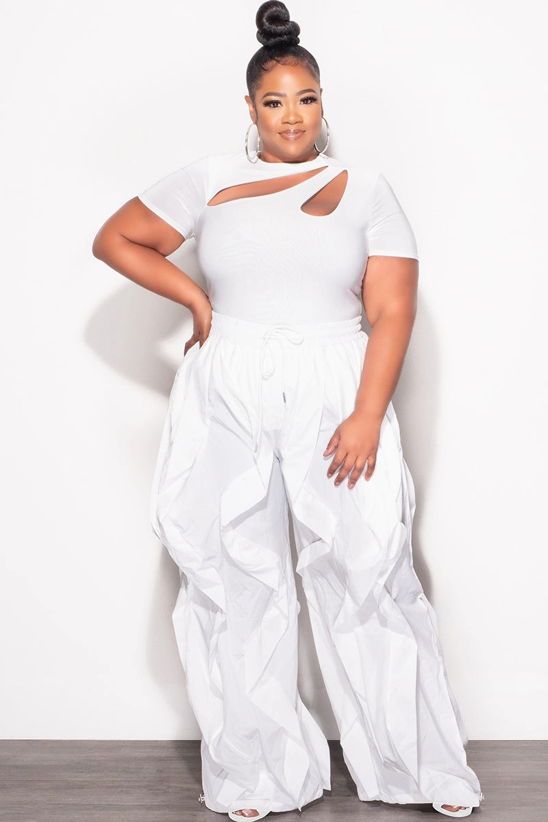 Final Sale Plus Size Wide Leg Drawstring Oversized Windbreaker Wavy Pants in White Detachable belt Active Utility