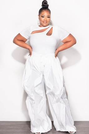 Final Sale Plus Size Wide Leg Drawstring Oversized Windbreaker Wavy Pants in White AntiStaticLining
