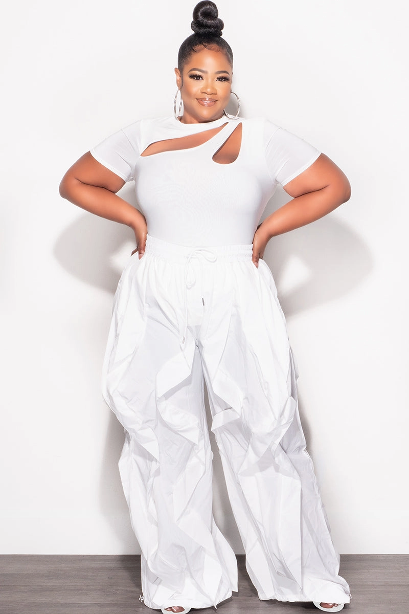 Final Sale Plus Size Wide Leg Drawstring Oversized Windbreaker Wavy Pants in White AntiStaticLining