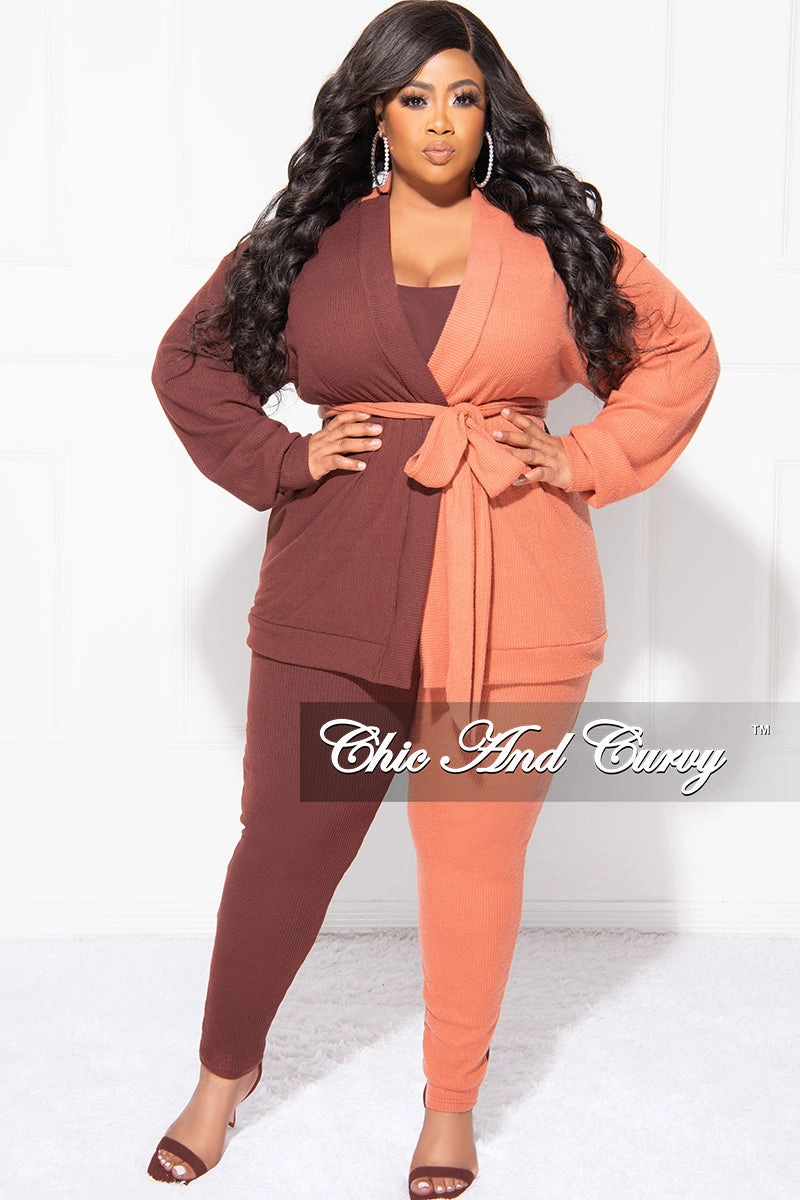 Final Sale Plus Size 2pc Ribbed Cardigan Top and Pants Set in Brown and Orange ColorBlock Relax Fit Wear DoubleLayeredKnees