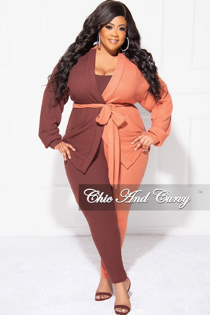 Final Sale Plus Size 2pc Ribbed Cardigan Top and Pants Set in Brown and Orange ColorBlock Core Support