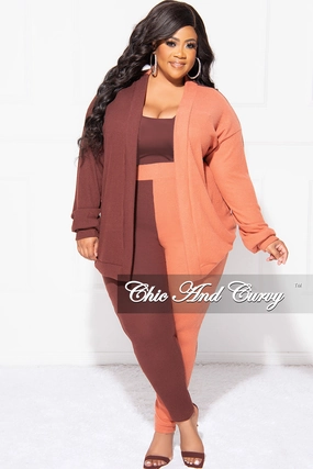 Final Sale Plus Size 2pc Ribbed Cardigan Top and Pants Set in Brown and Orange ColorBlock Flattering Comfort Wear Slim Look Fit