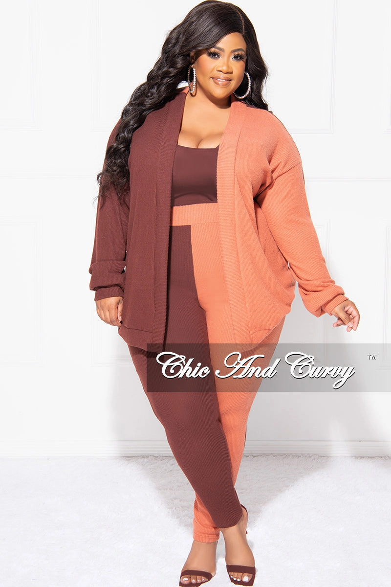 Final Sale Plus Size 2pc Ribbed Cardigan Top and Pants Set in Brown and Orange ColorBlock Flattering Comfort Wear Slim Look Fit