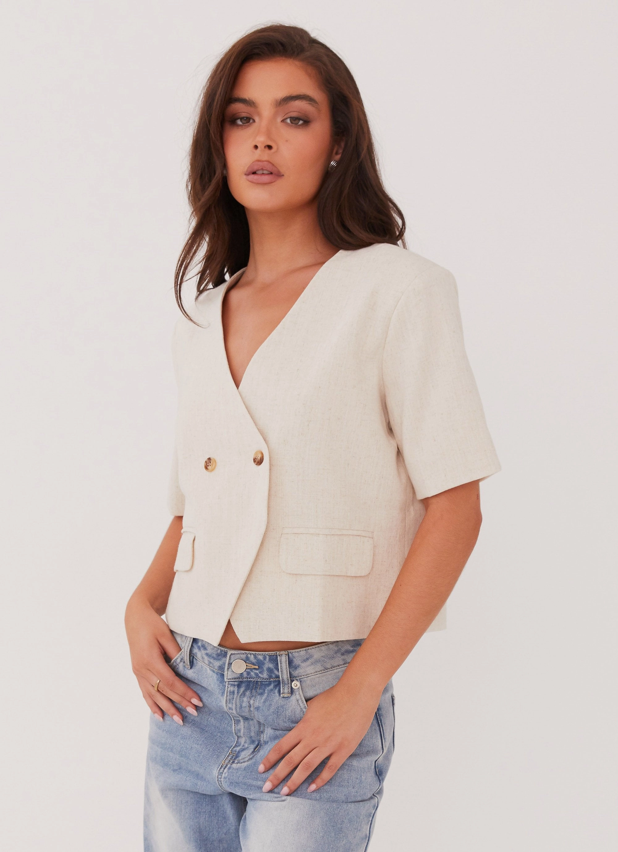 Hacienda Linen Short Sleeve Blazer - Oatmeal Elastic Binding Cozy Comfort