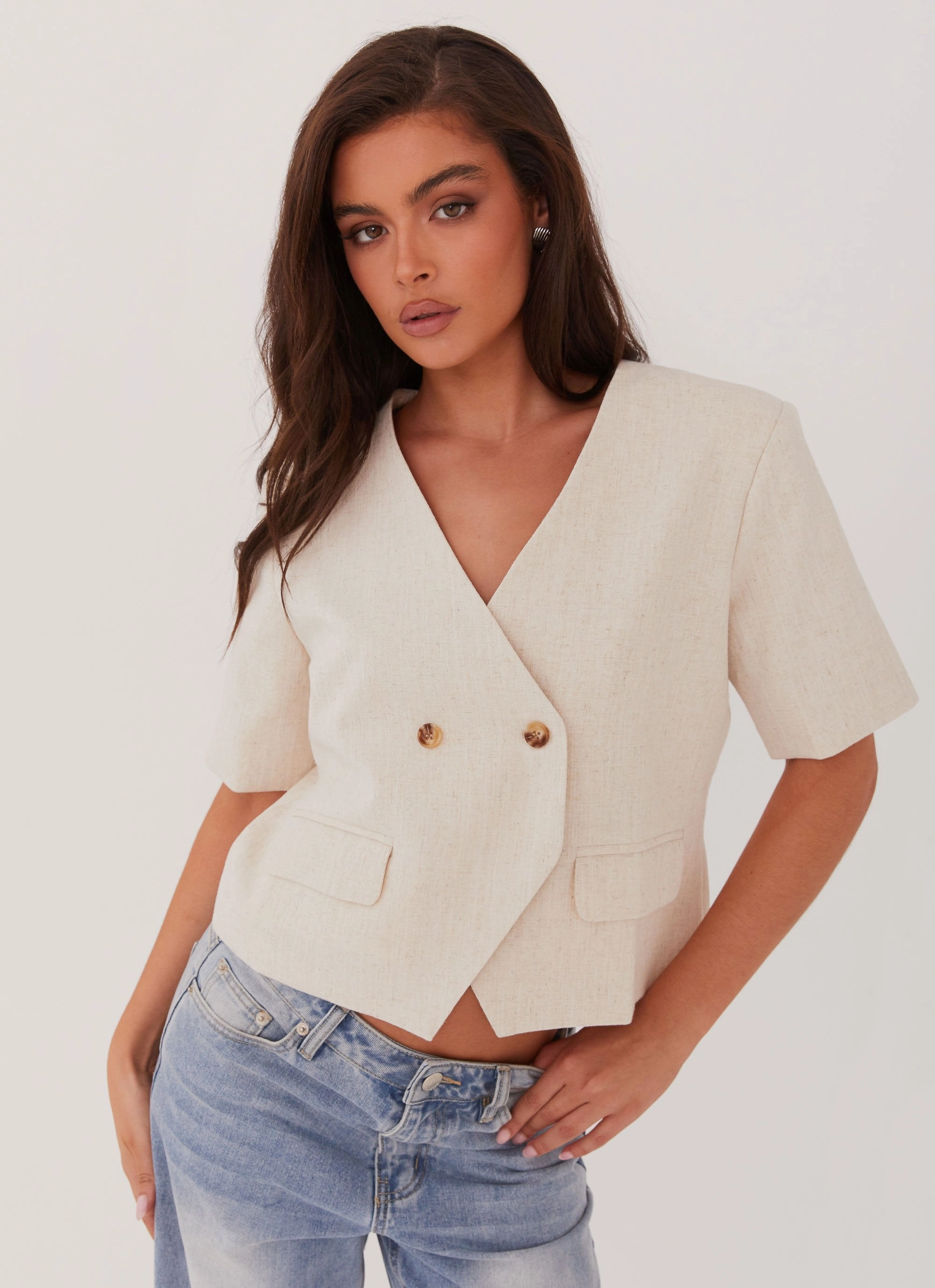 Button Fastenings Go Anywhere Wear Hacienda Linen Short Sleeve Blazer - Oatmeal