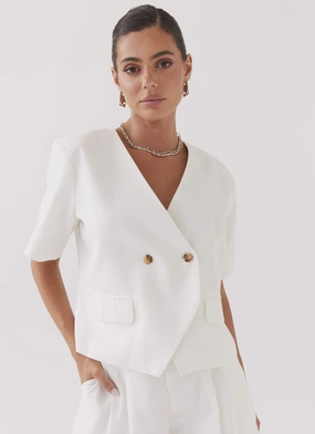 Non Irritating Collar Hacienda Linen Short Sleeve Blazer - White