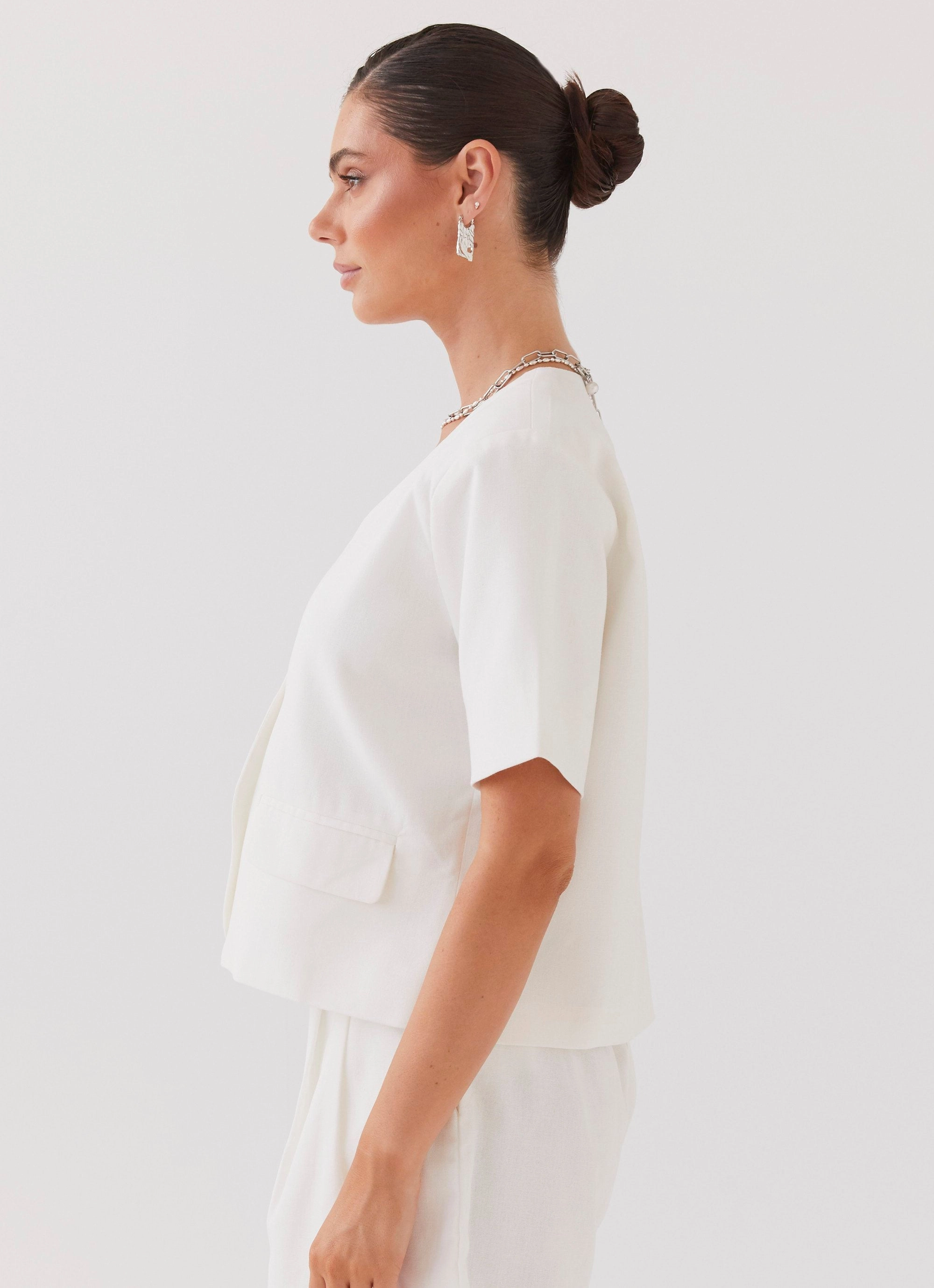 Reinforced Zippers Hacienda Linen Short Sleeve Blazer - White