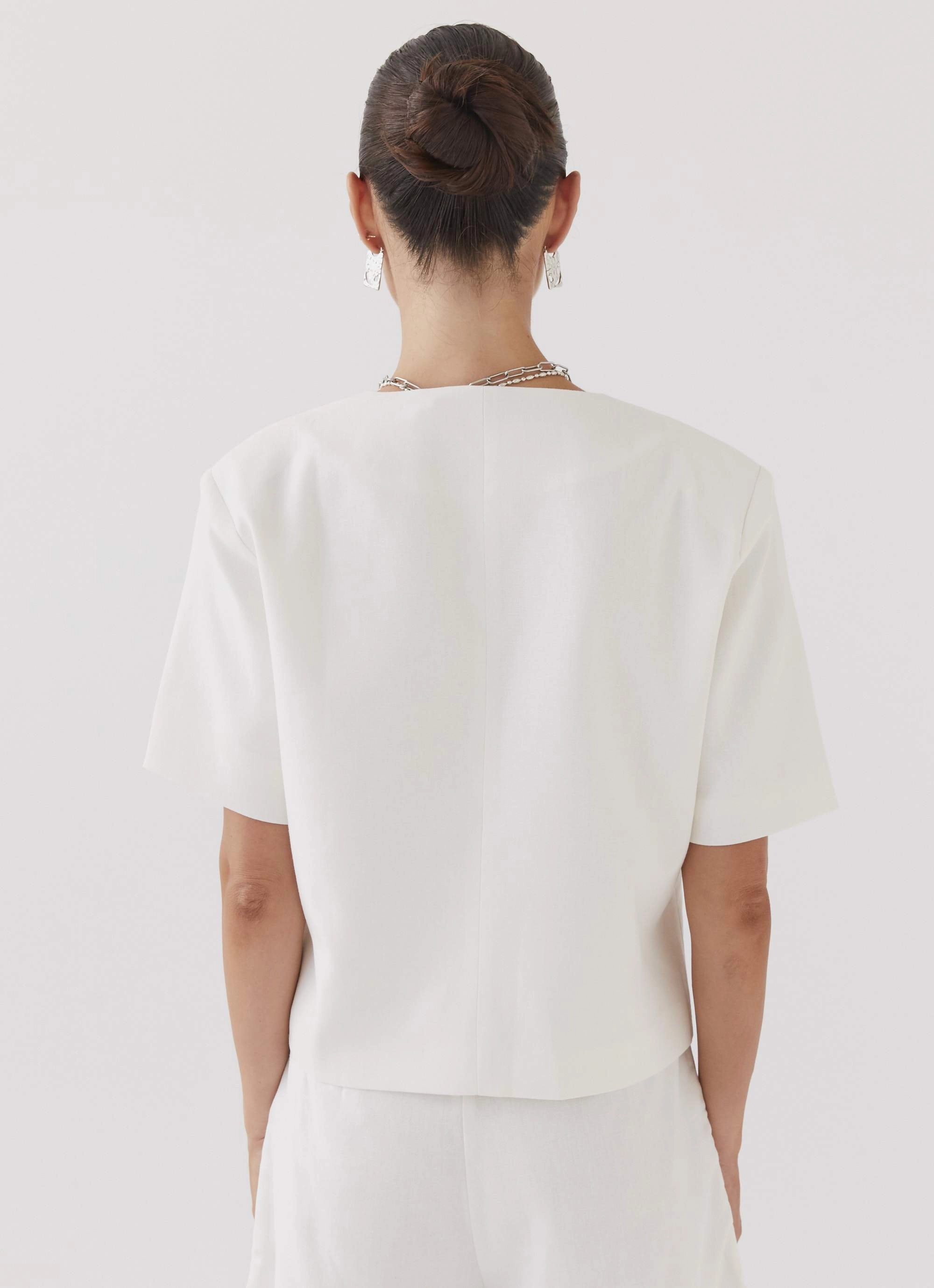 Compression Panels Cotton Twill Hacienda Linen Short Sleeve Blazer - White