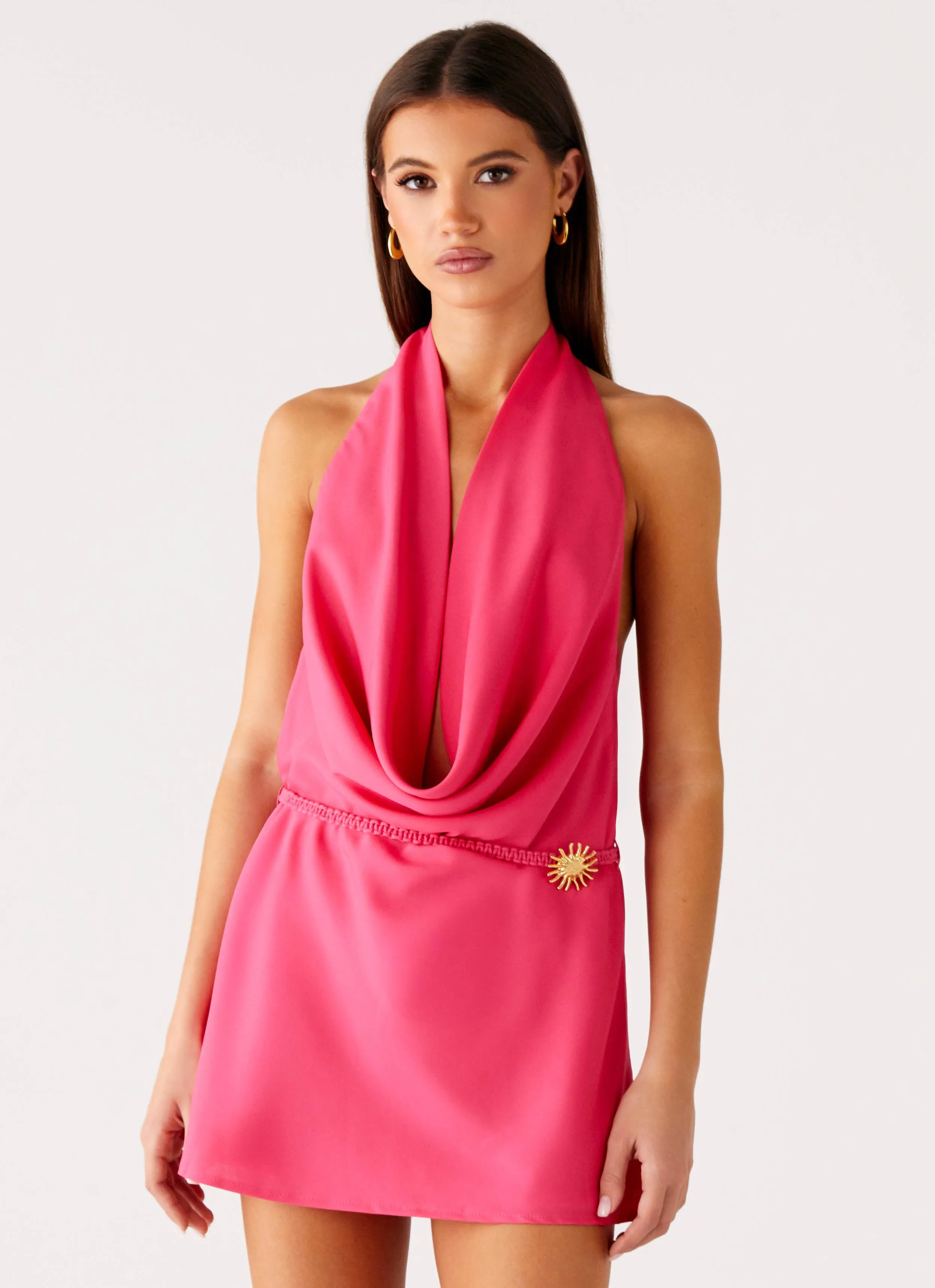 Effortless Touch Glossy Fabric Halia Cowl Mini Dress - Watermelon