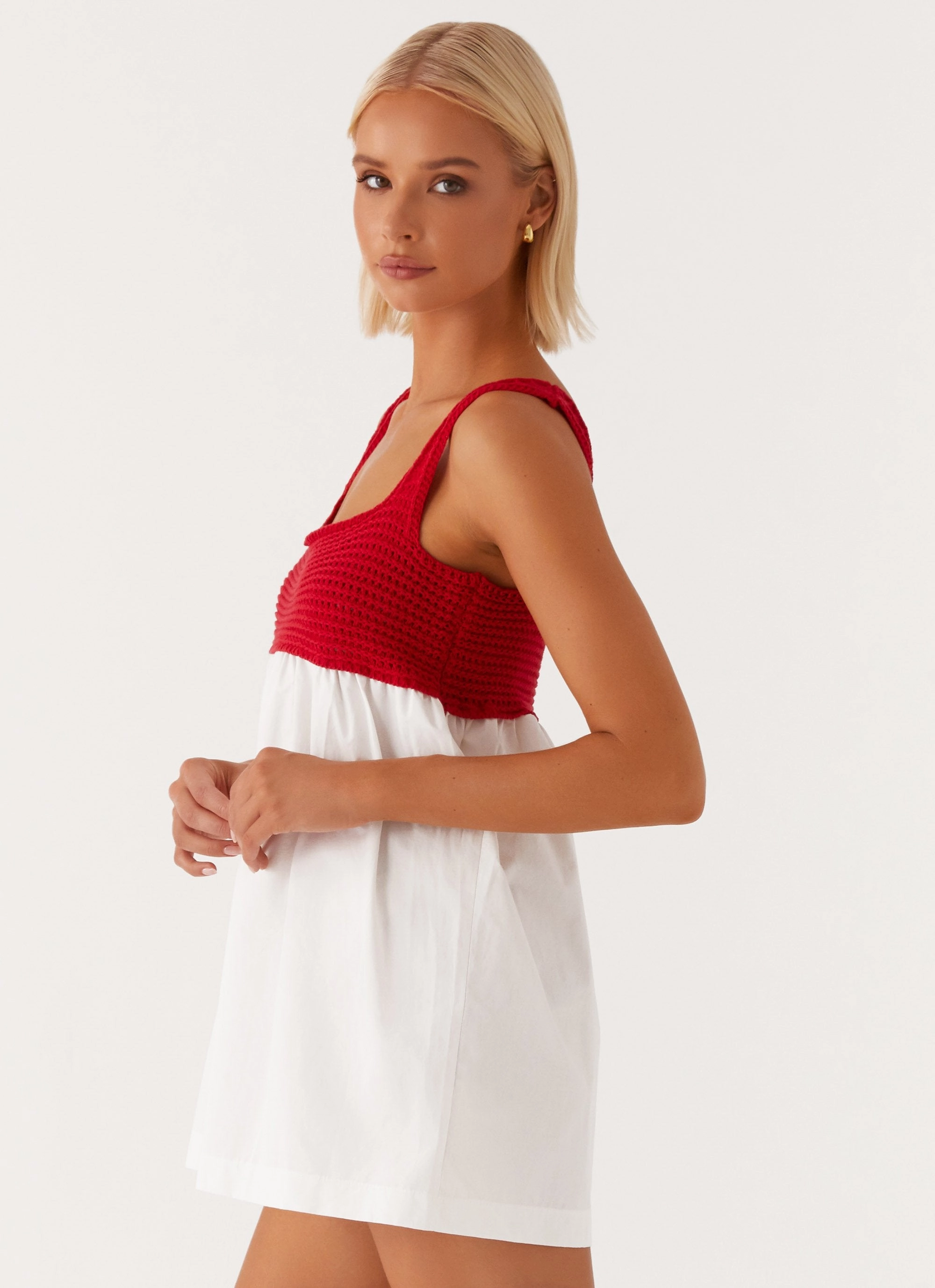 Fitted Design Halona Crochet Babydoll Mini Dress - Red