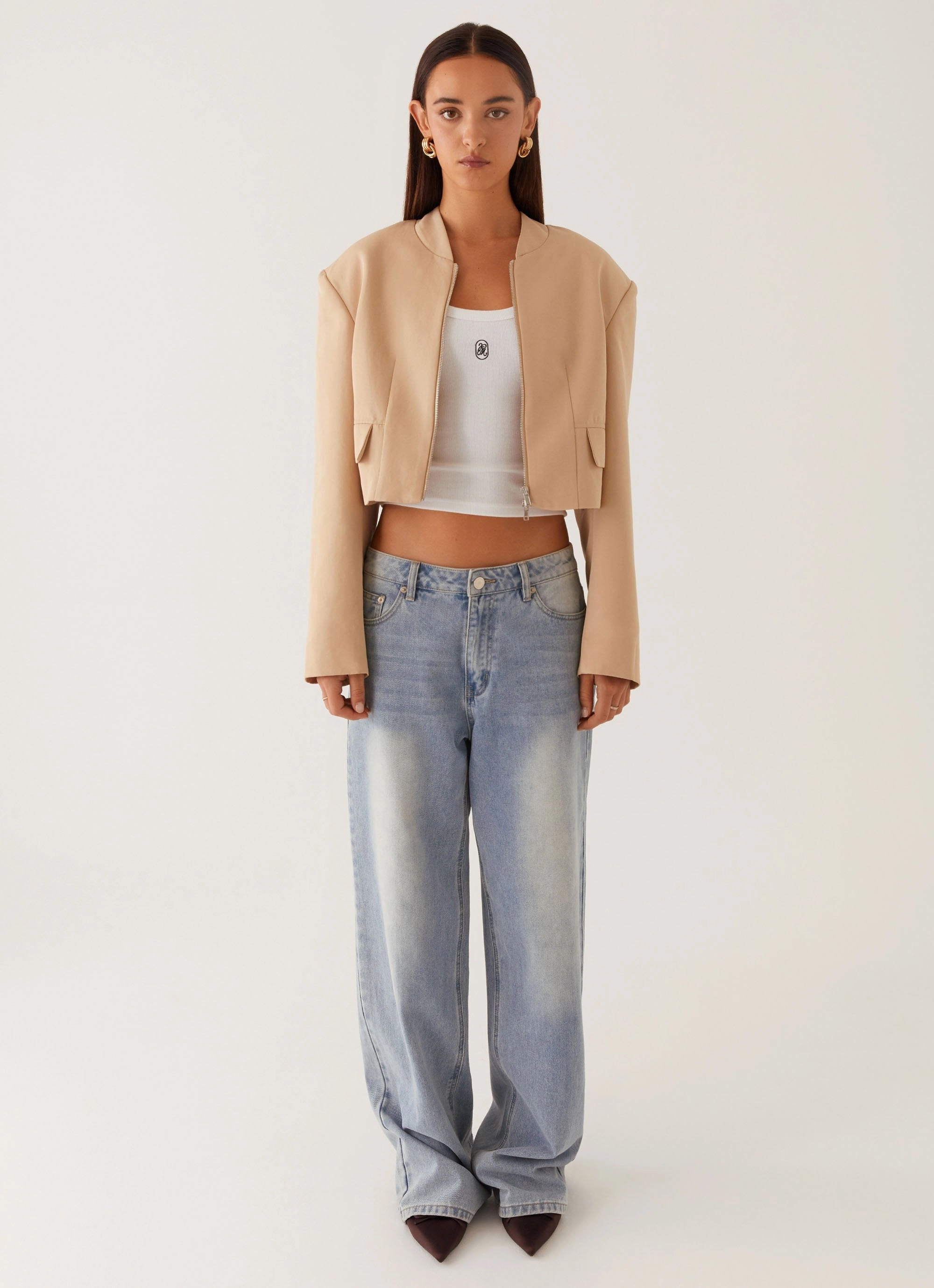 Zip Pockets Halyn Cropped Bomber Jacket - Brown