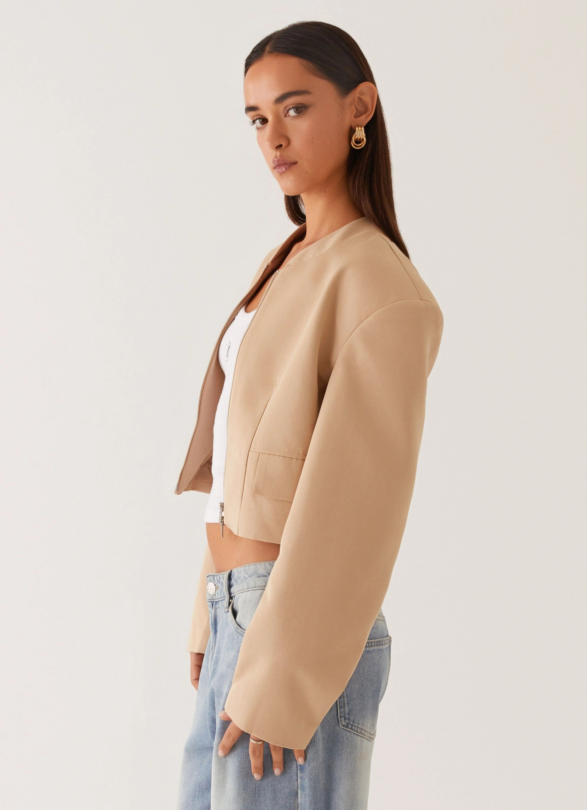 Halyn Cropped Bomber Jacket - Brown Everyday Active Style