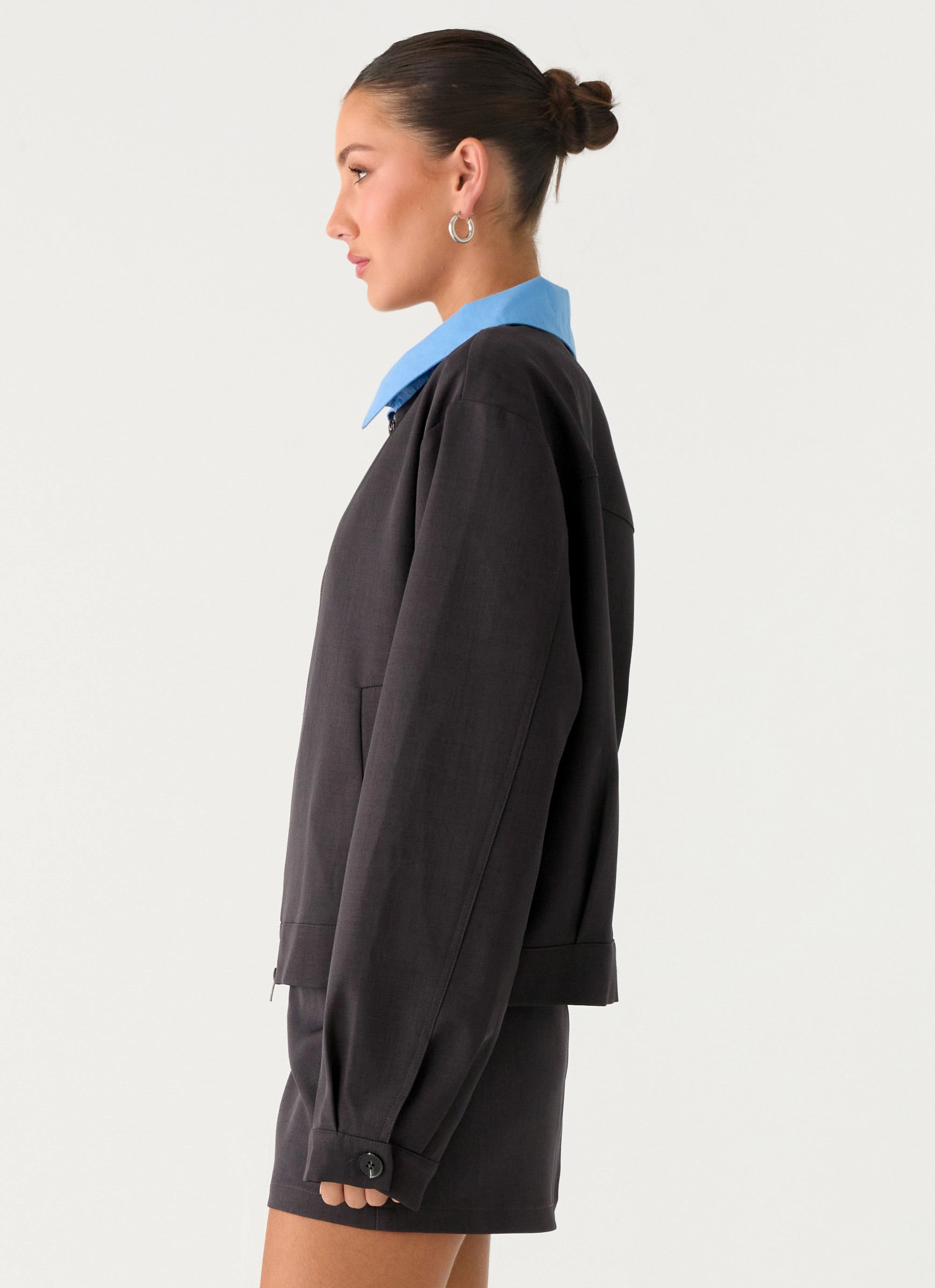 Reinforced Elbow Padding Layered Neckline Harlee Poplin Suiting Jacket - Charcoal