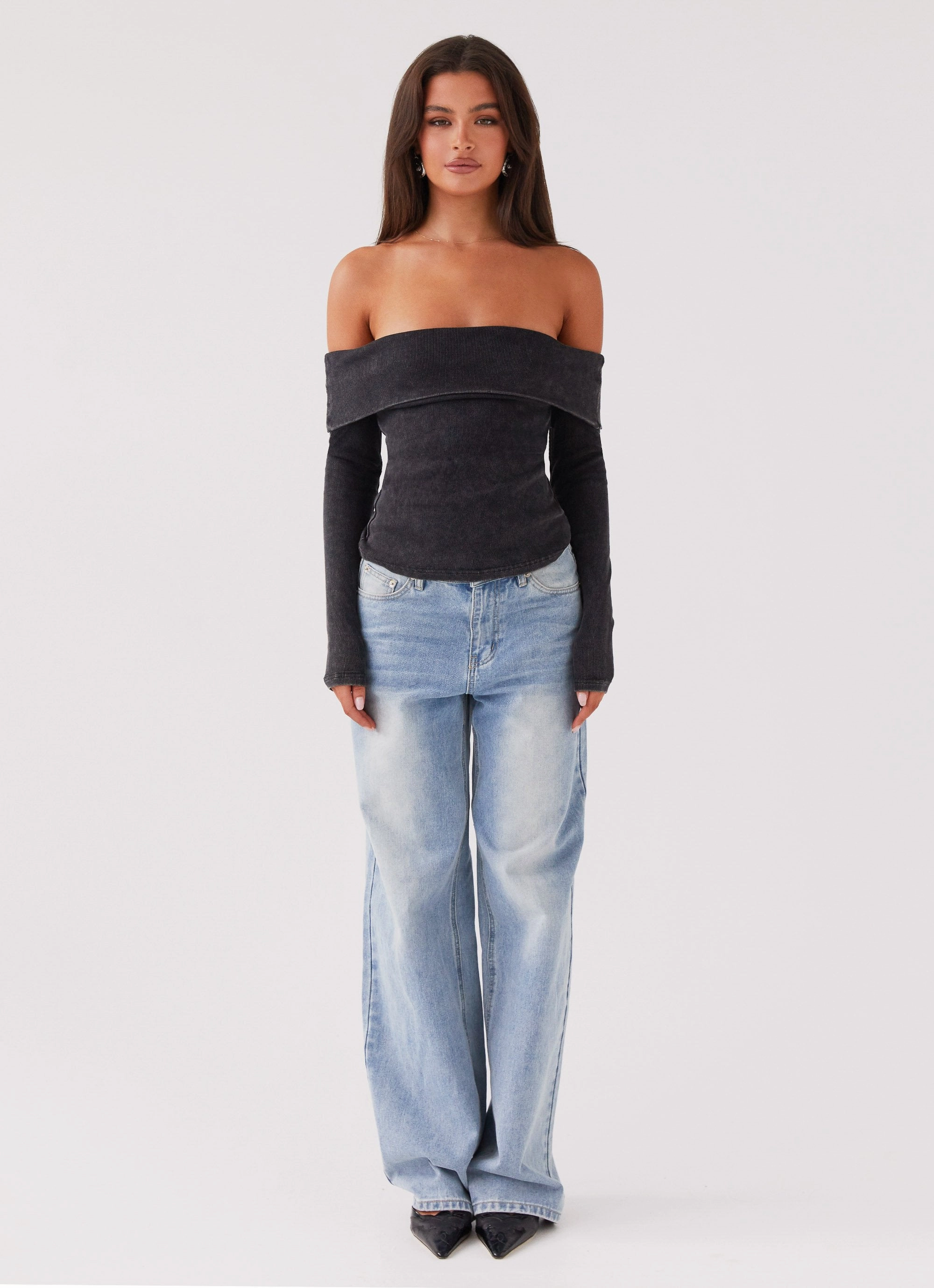 Hayley Long Sleeve Ribbed Top - Charcoal Acid Wash WrinkleResistant Cloth Non Chafing Side Seams