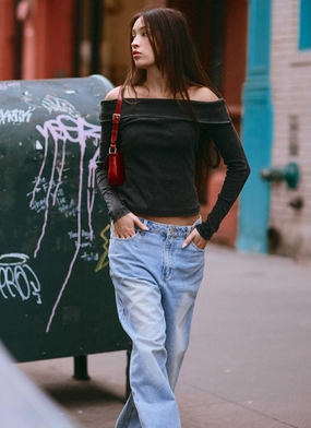 Hayley Long Sleeve Ribbed Top - Charcoal Acid Wash Anti Pill Surface Hypoallergenic Textile