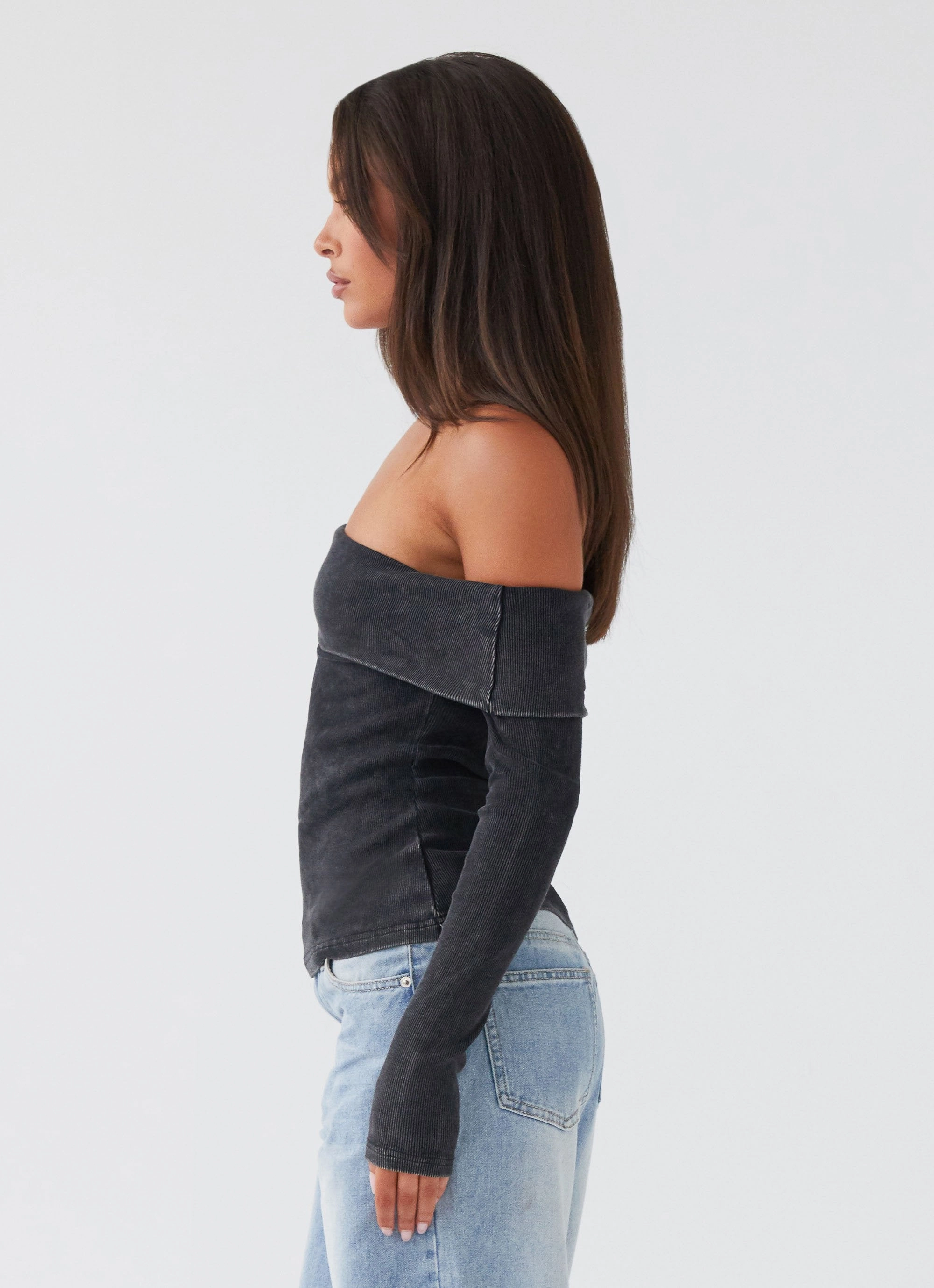 Temperature Control Technology Hayley Long Sleeve Ribbed Top - Charcoal Acid Wash