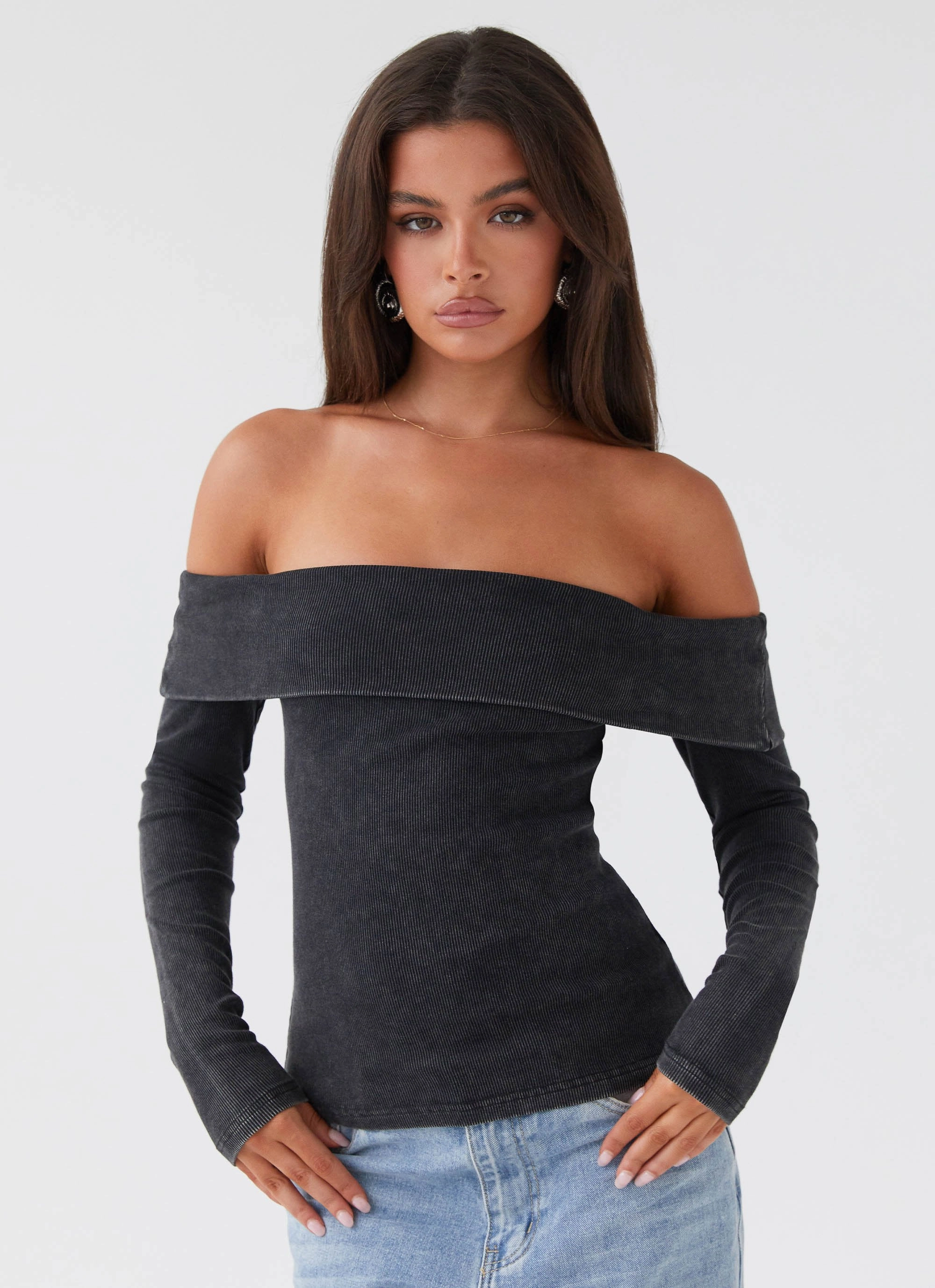 BrushedInnerLining Hayley Long Sleeve Ribbed Top - Charcoal Acid Wash