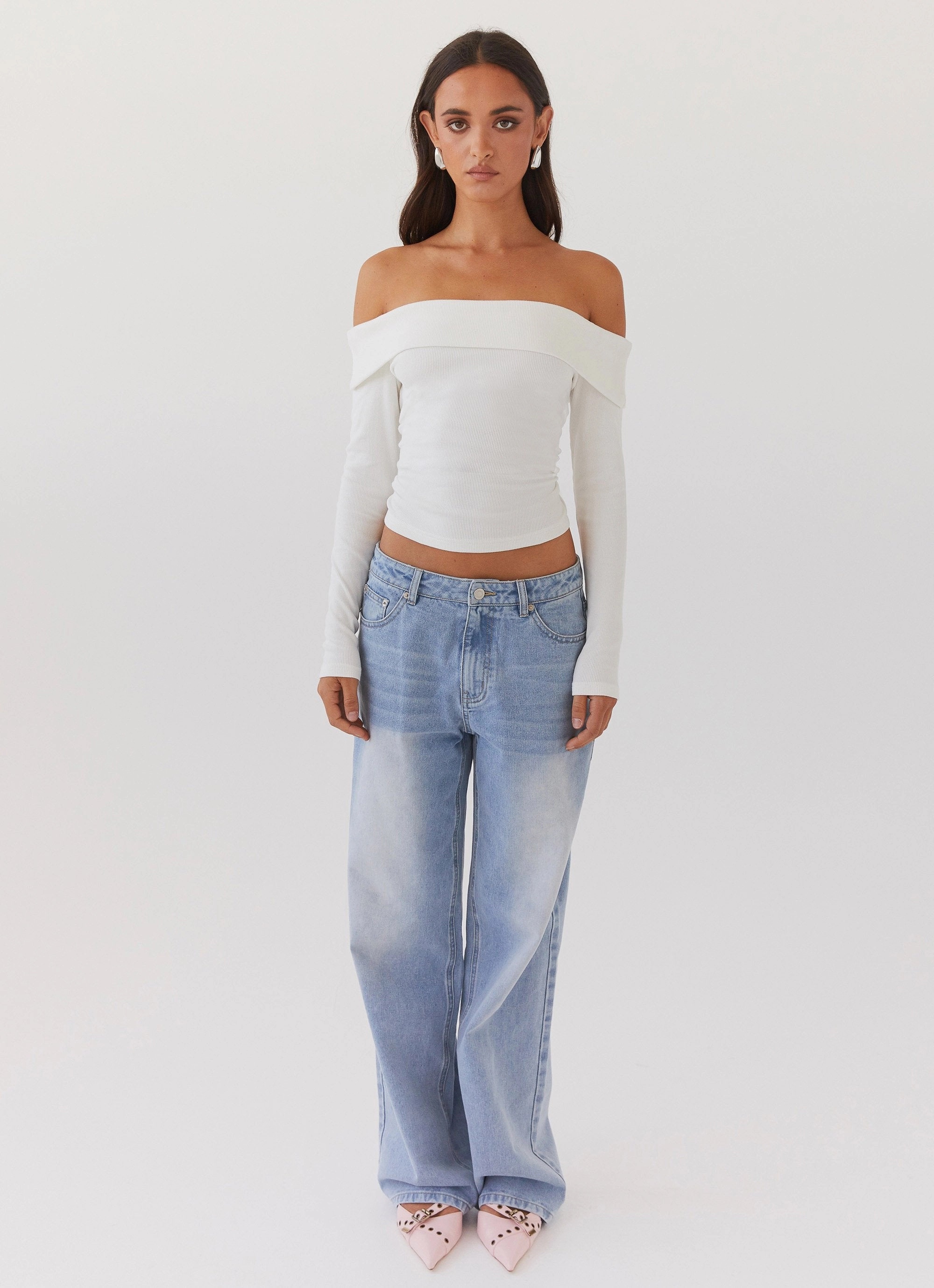 Hayley Long Sleeve Ribbed Top - White Resilient Fabric Blend Reflective Logo Detail