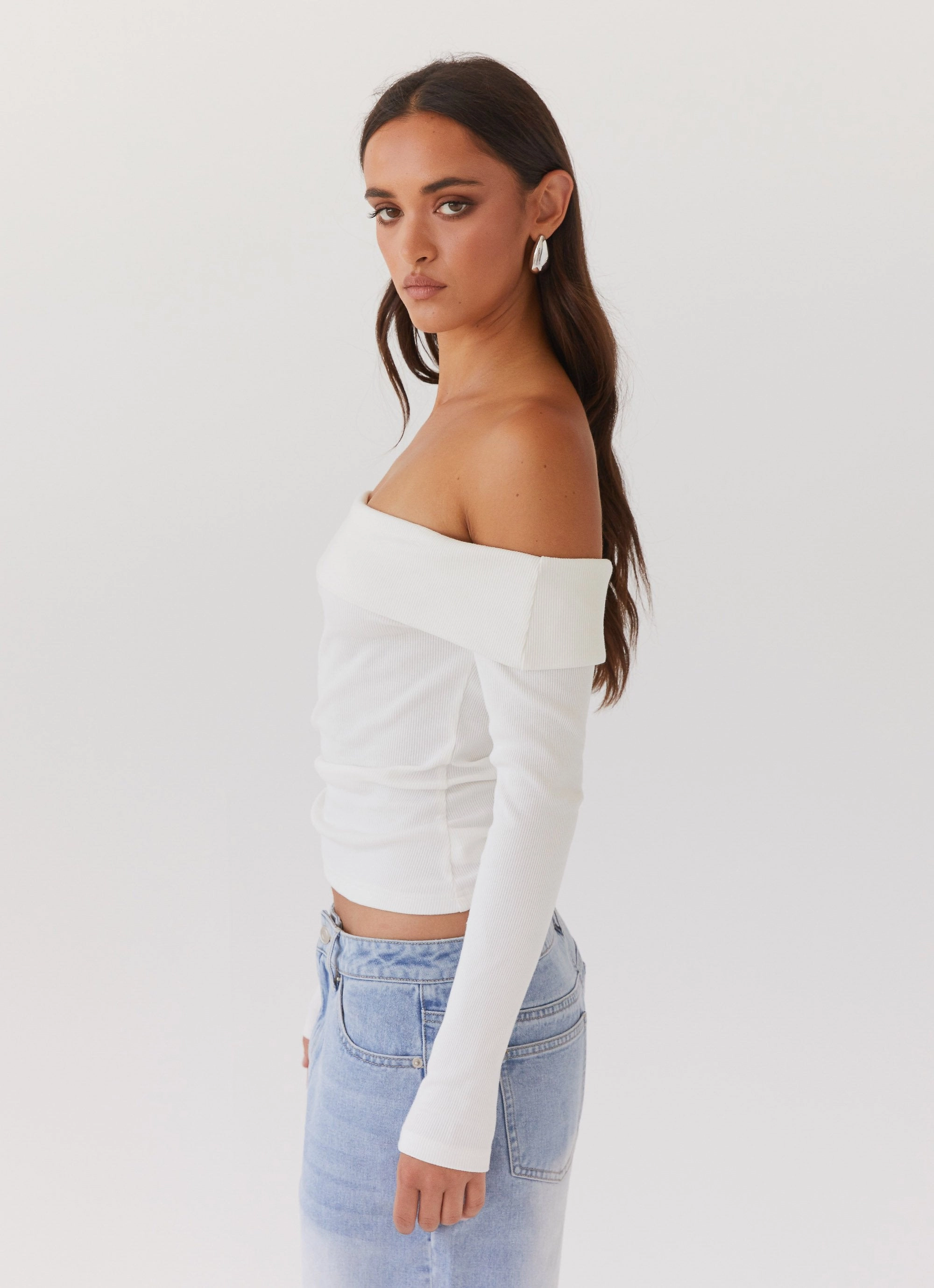 High Collar Design Hayley Long Sleeve Ribbed Top - White