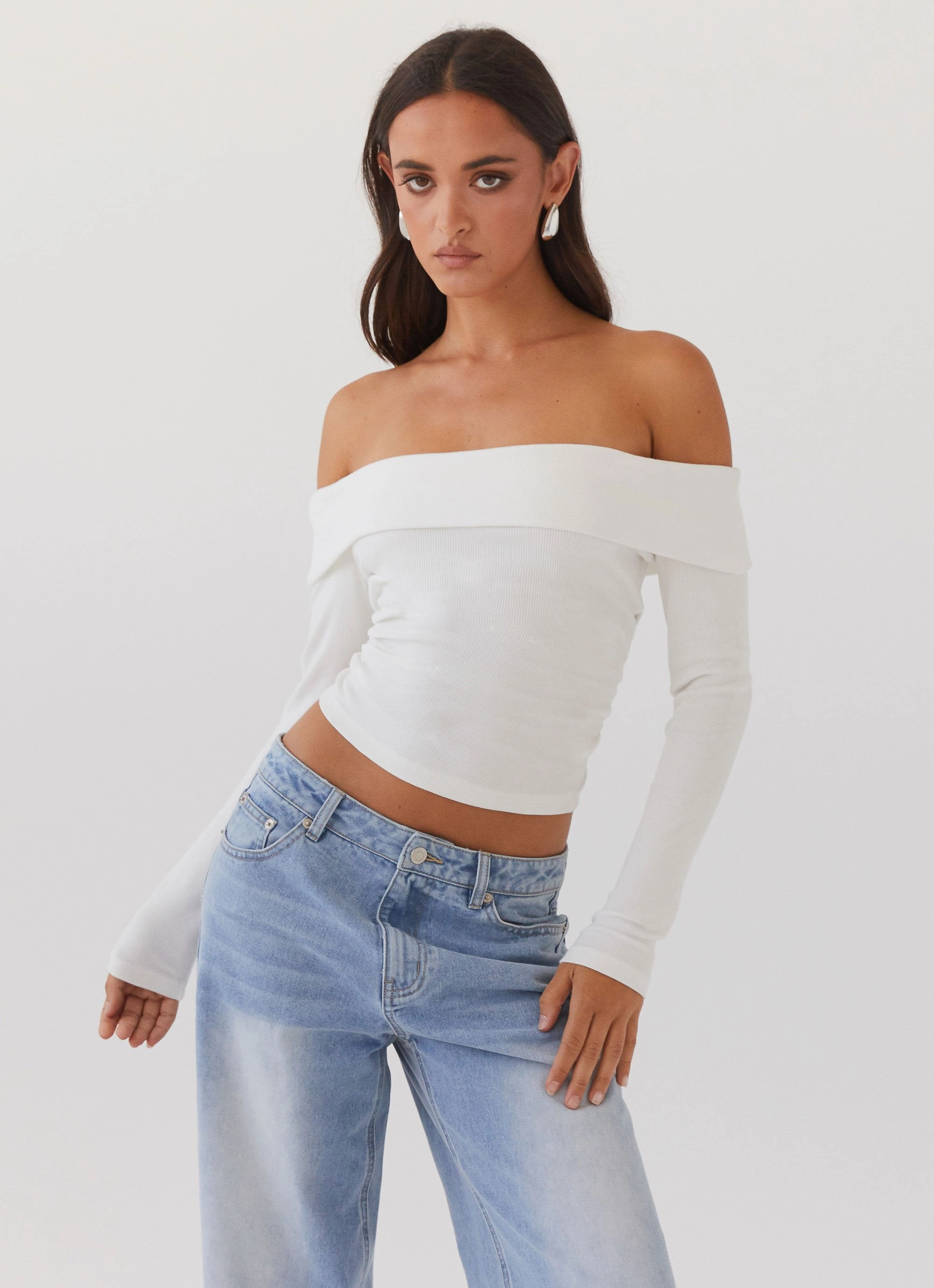 Hayley Long Sleeve Ribbed Top - White Ribbed Trim UV protection layer