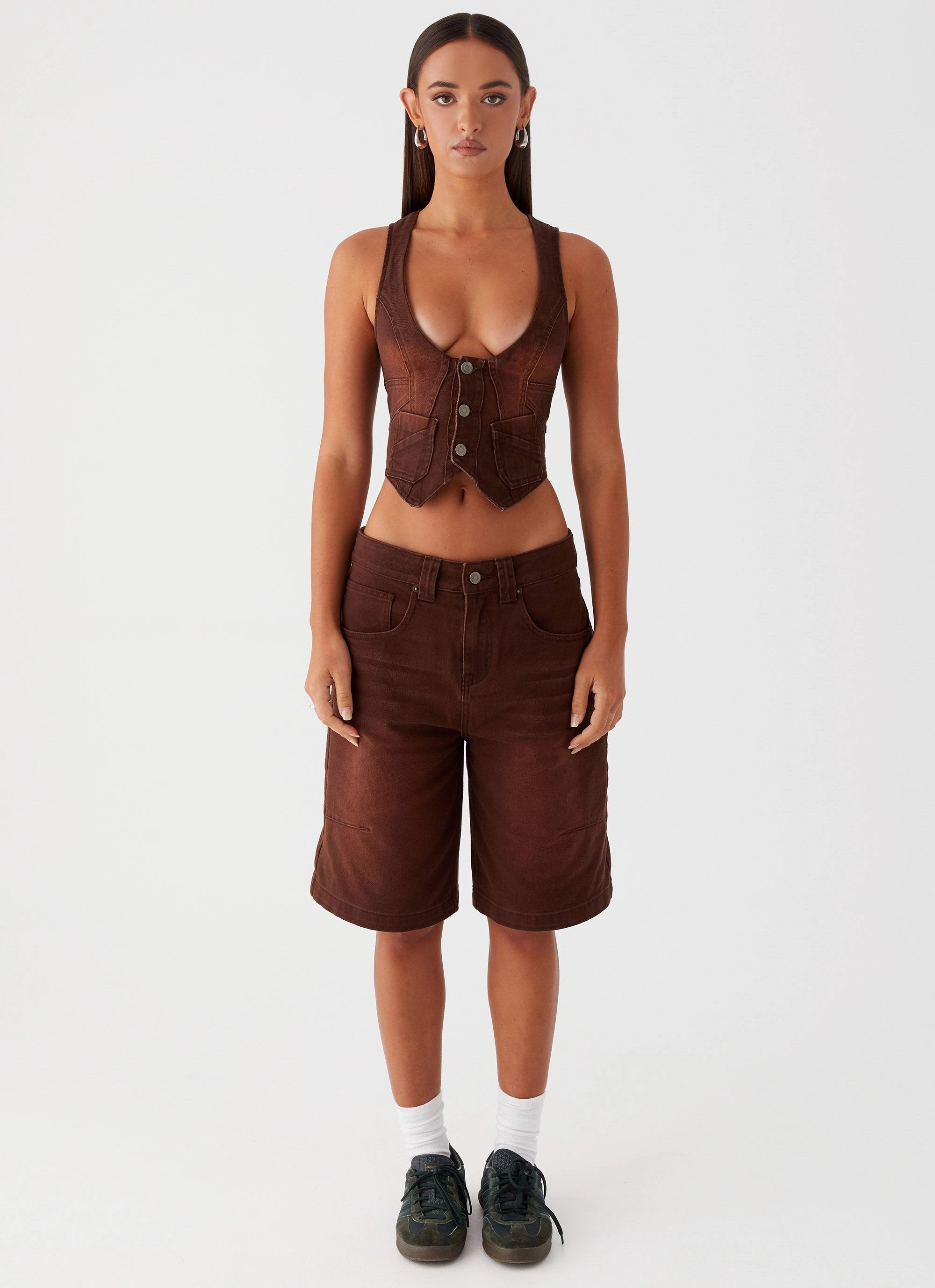 Rolled Hem Finish Sporty Top Heading South Denim Vest - Brown