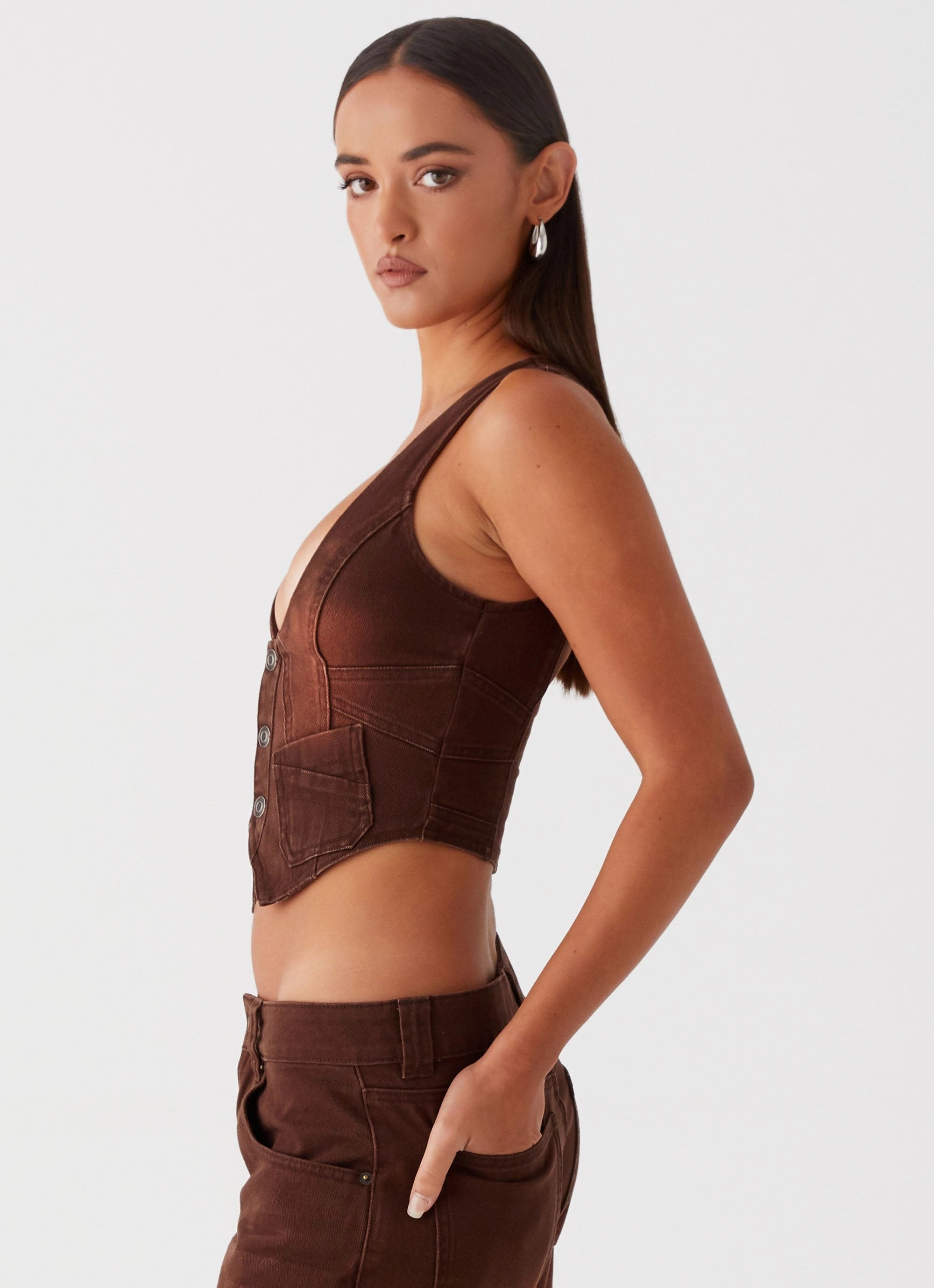 Elegant Cardigan Heading South Denim Vest - Brown