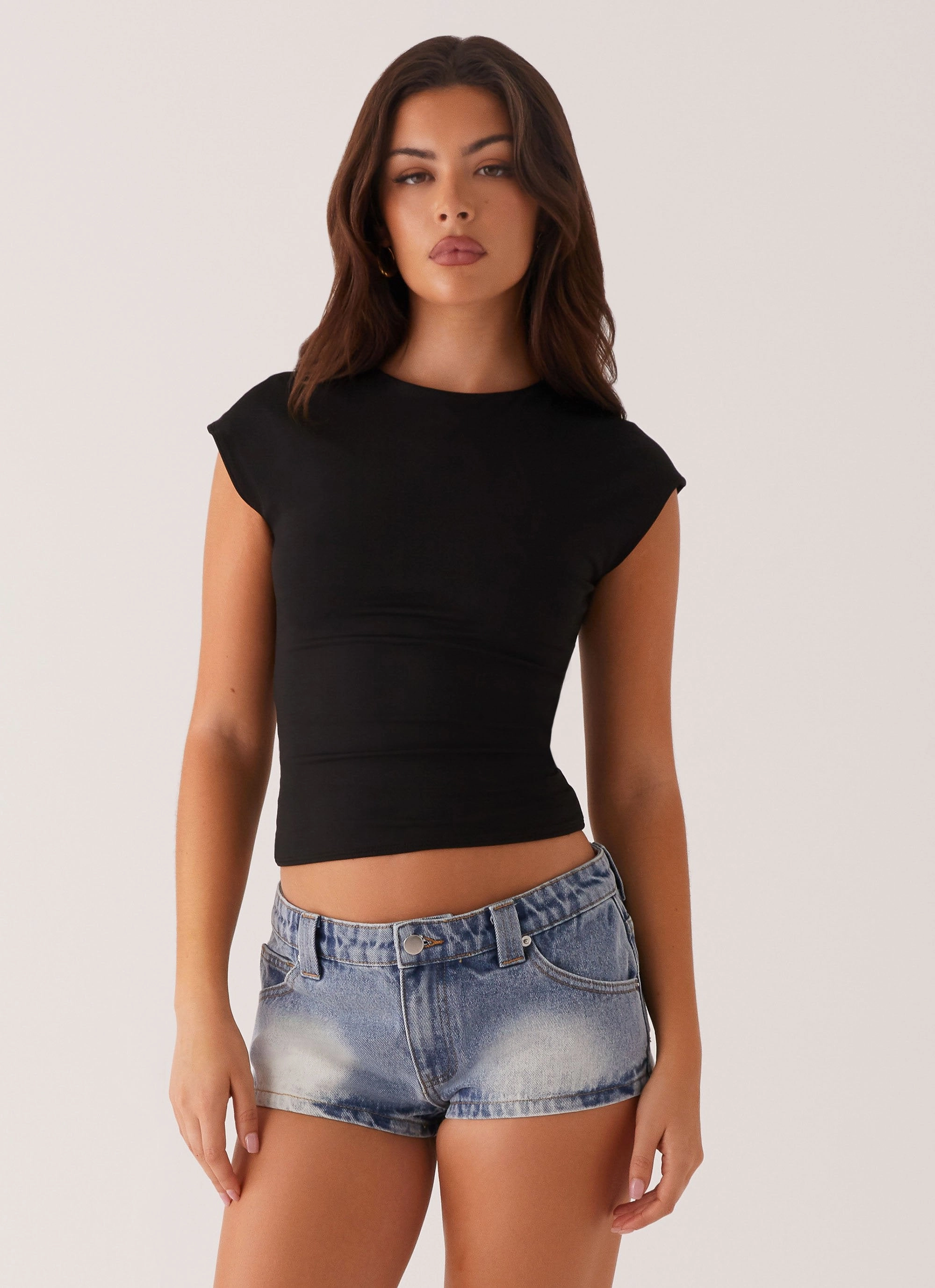 Flexible Ankle Cuffs Headland Low Rise Denim Shorts - Light Wash Blue