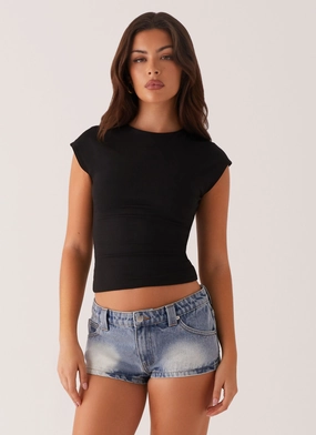 Flexible Ankle Cuffs Headland Low Rise Denim Shorts - Light Wash Blue