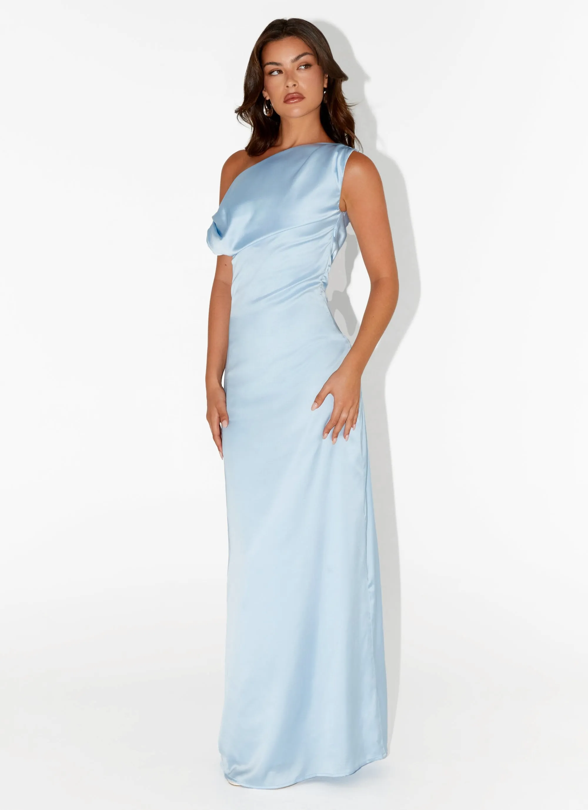 Office Friendly Warm Season Heart Of Glass Satin Maxi Dress - Blue