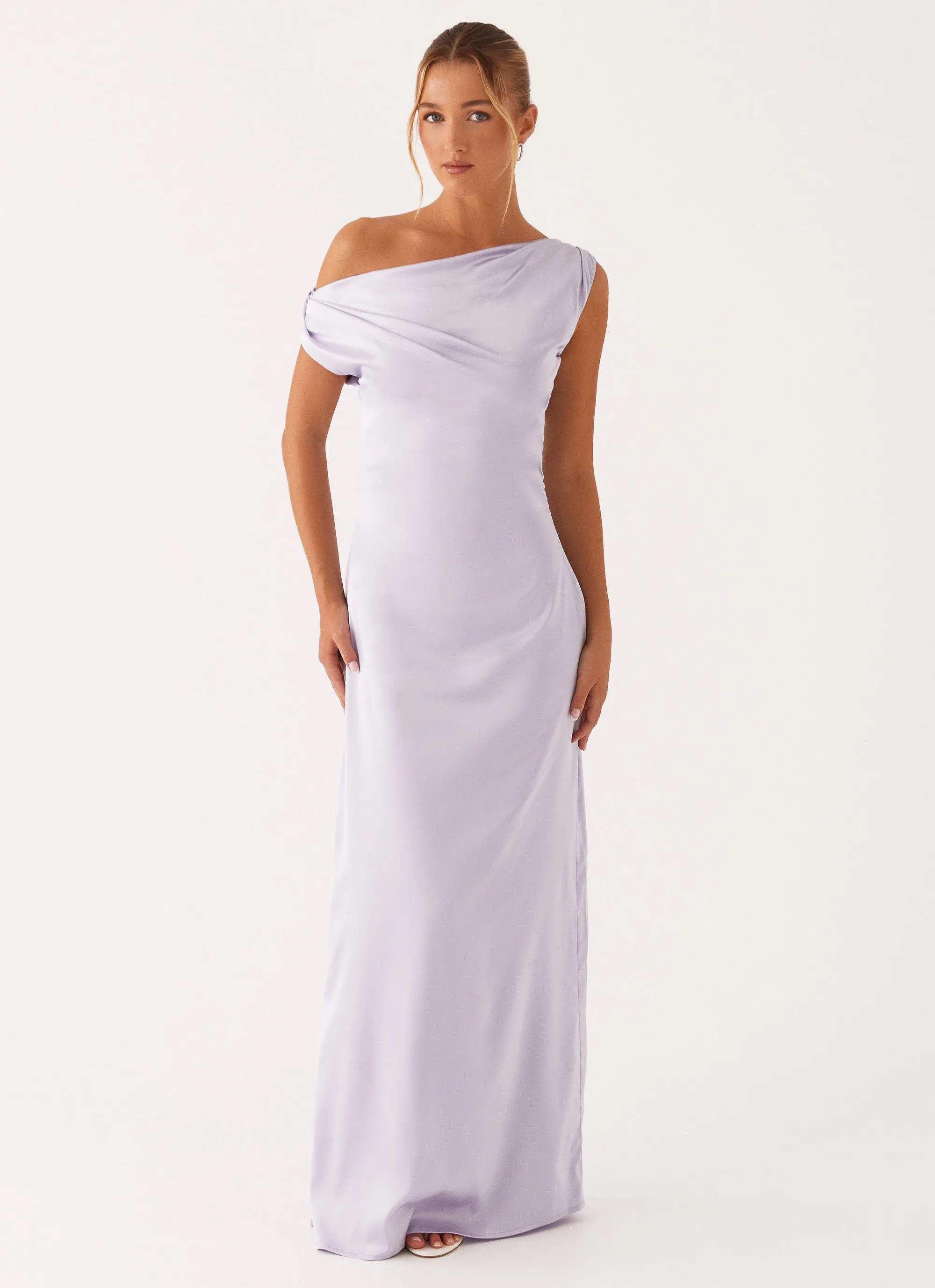Heart Of Glass Satin Maxi Dress - Lilac Soft Pleats Zip Closure