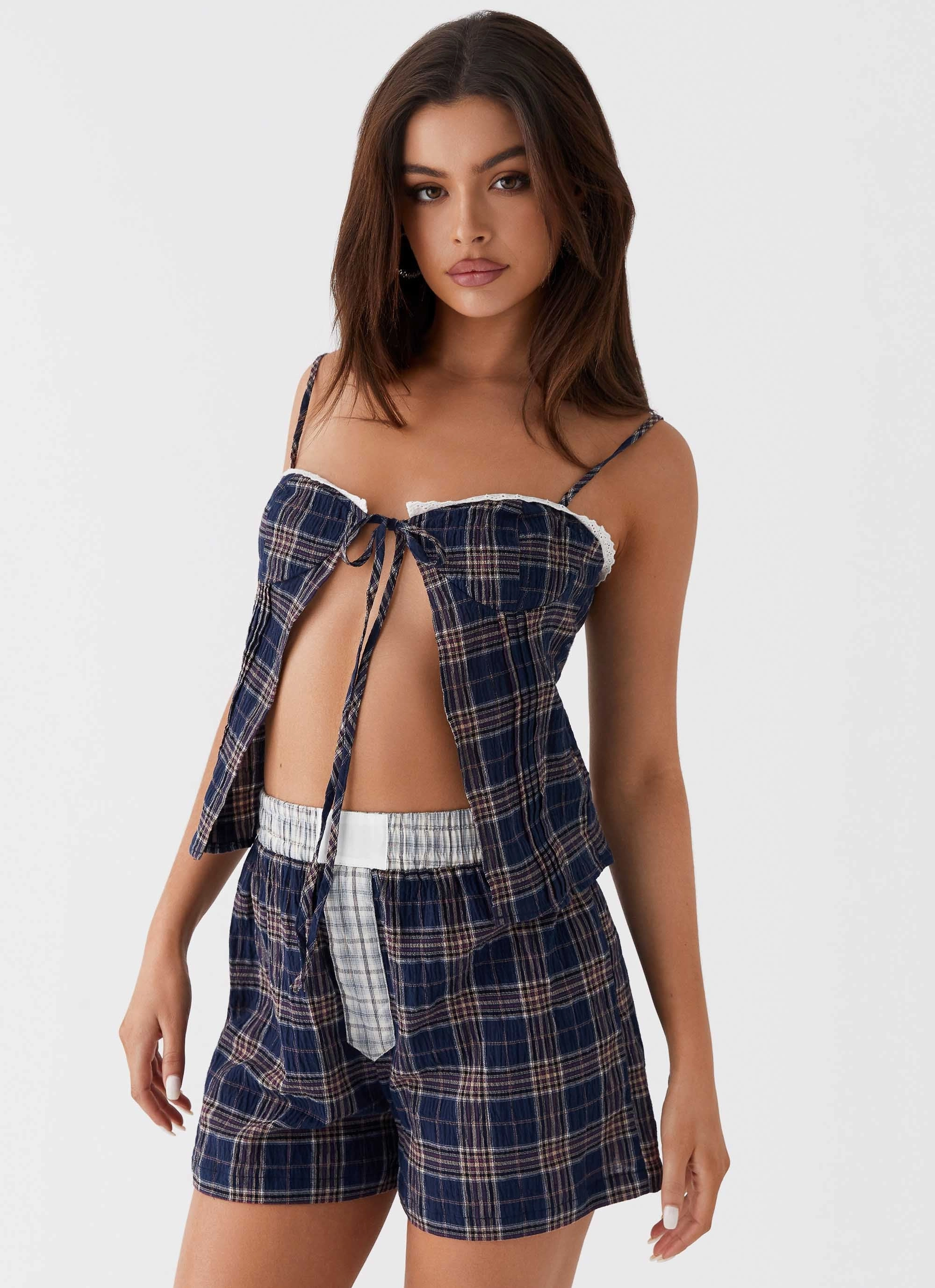 Trendy Look Tamaira Tie Top - Navy Check