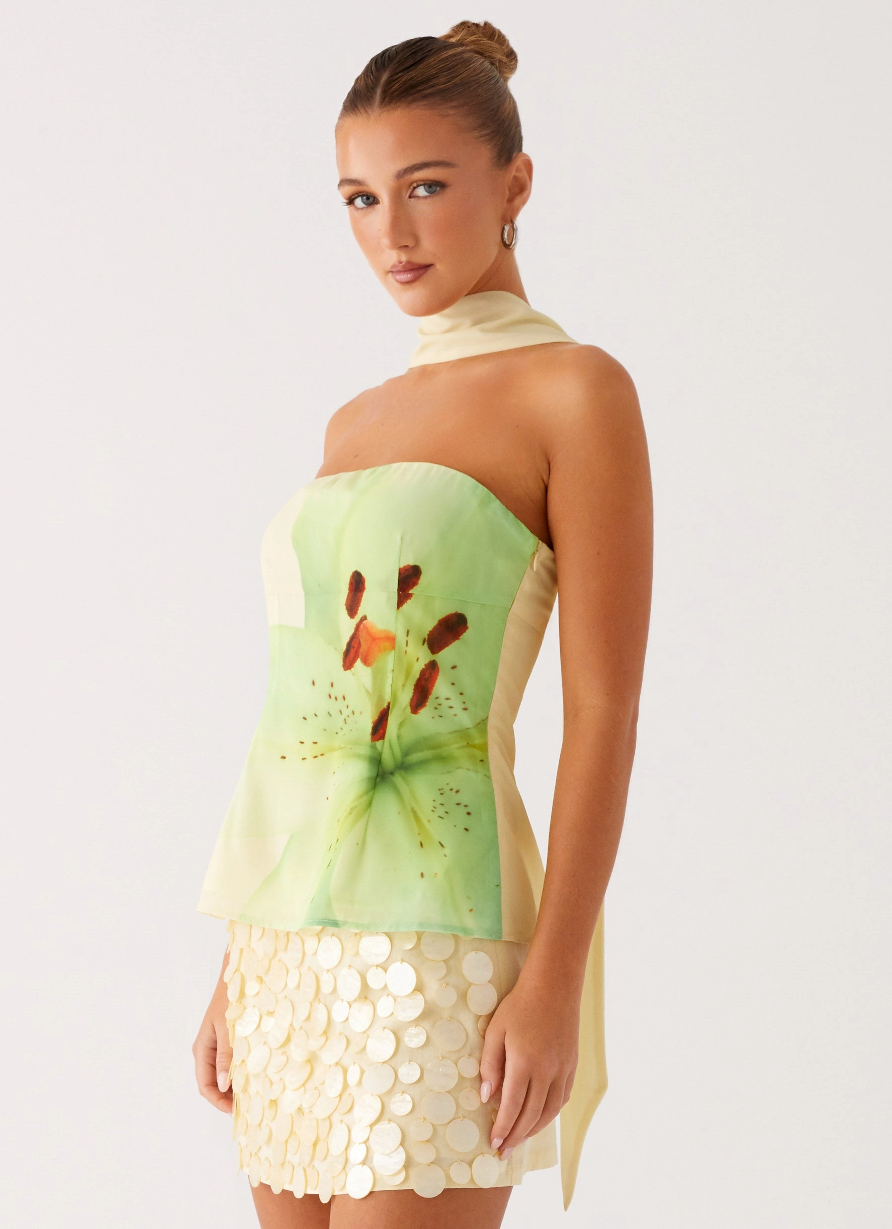 Blaise Scarf Top - Yellow Floral UVProtection Coating Elegant Blouse