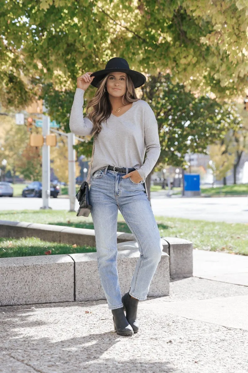 Heather Grey Lightweight V Neck Sweater
