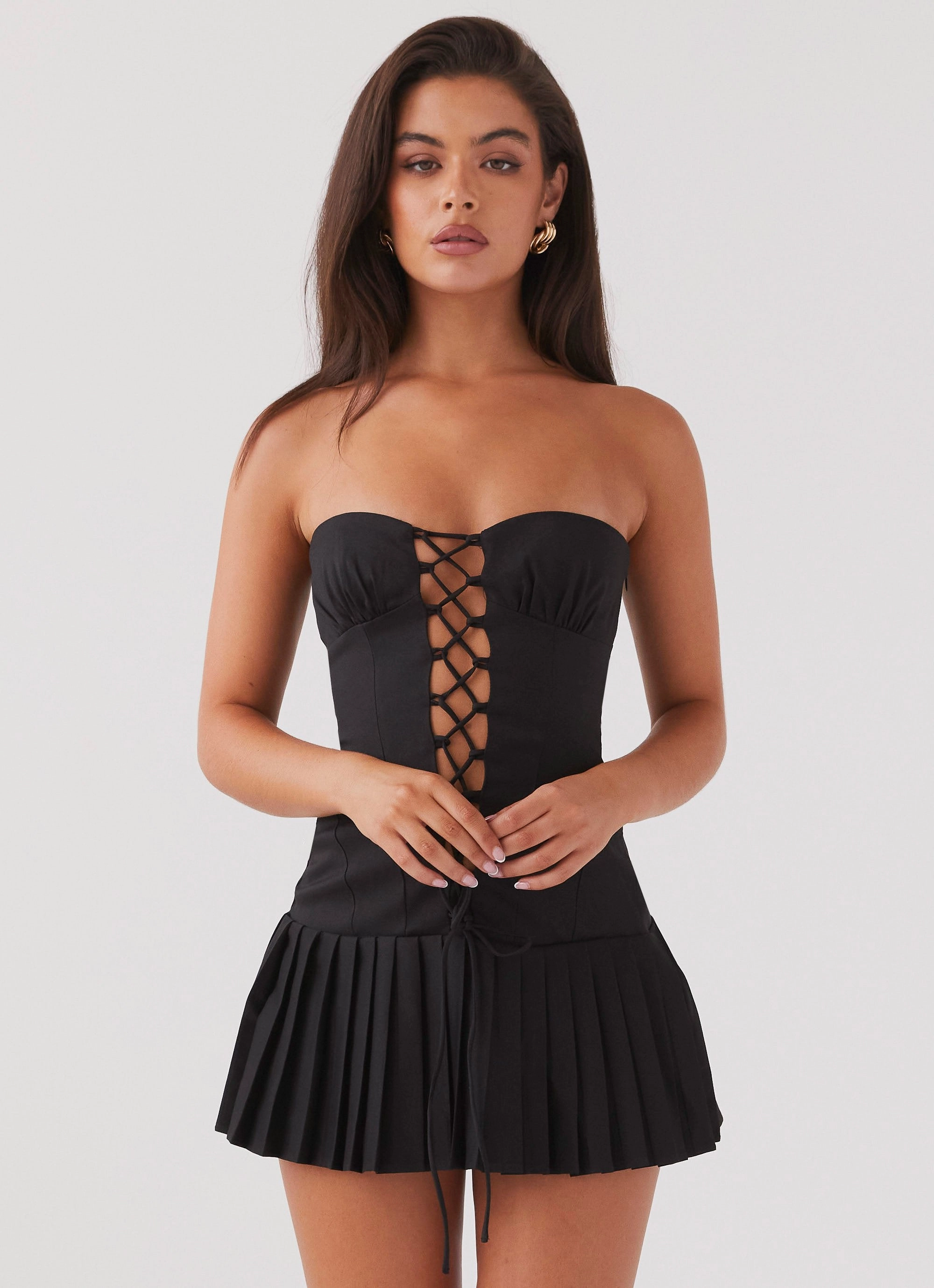 Mesh Soft Buckle-Detail Heating Up Lace Up Mini Dress - Black