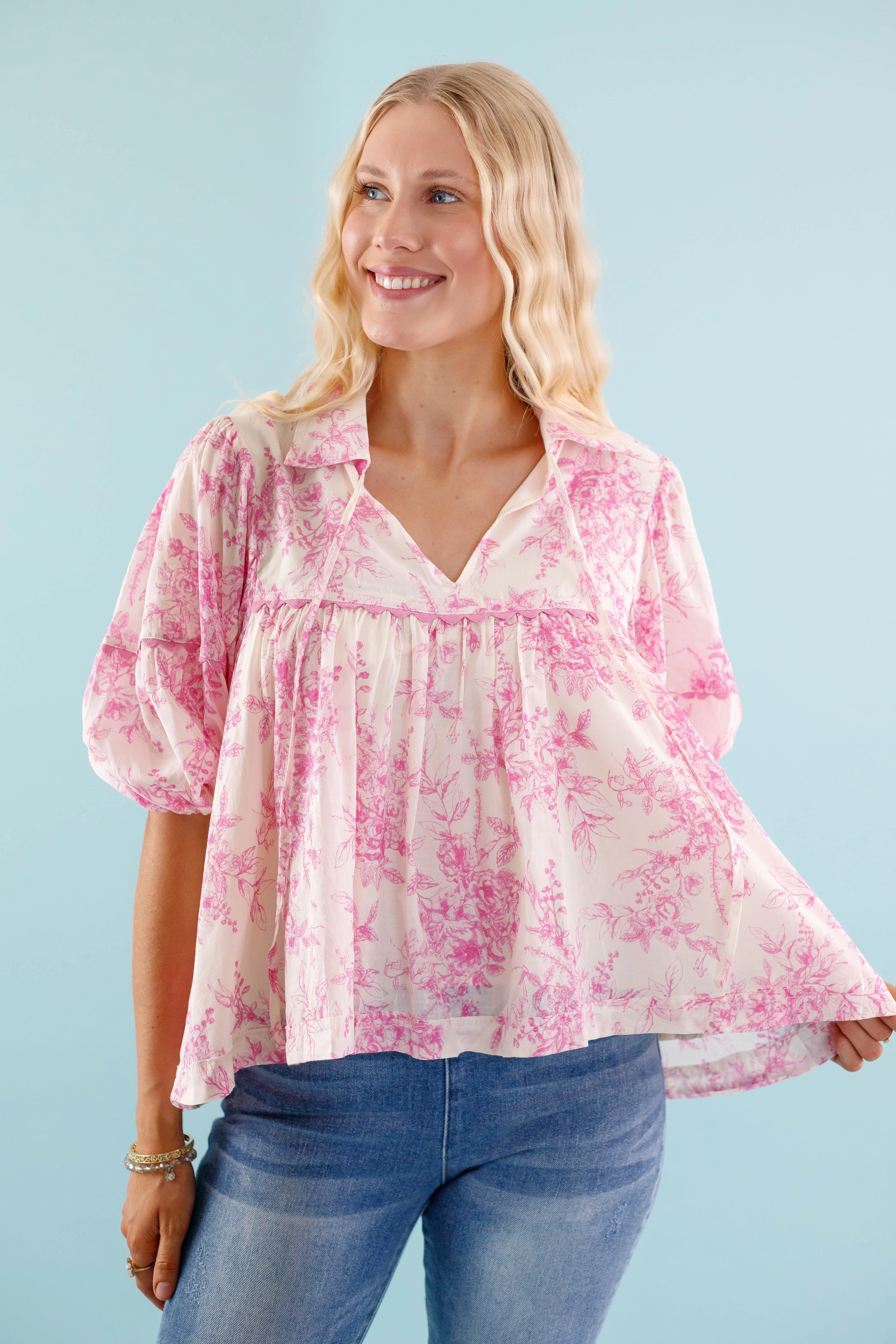 Contrast Stitch Accent V-neck Blouse RESTOCK: Listen To the Wind Blouse-Pink