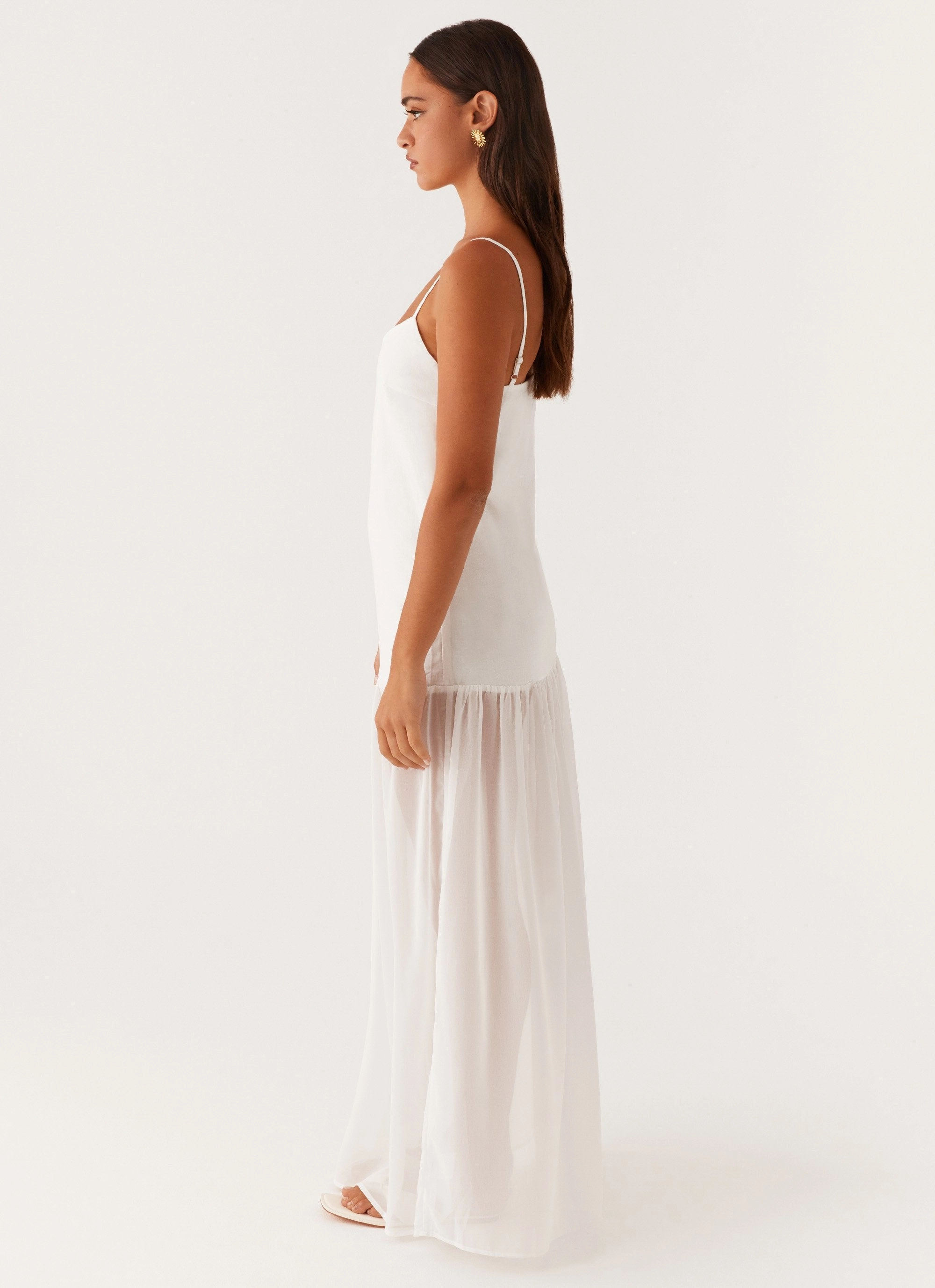Balanced Texture Ruffle Hem Heavenly Linen Maxi Dress - White