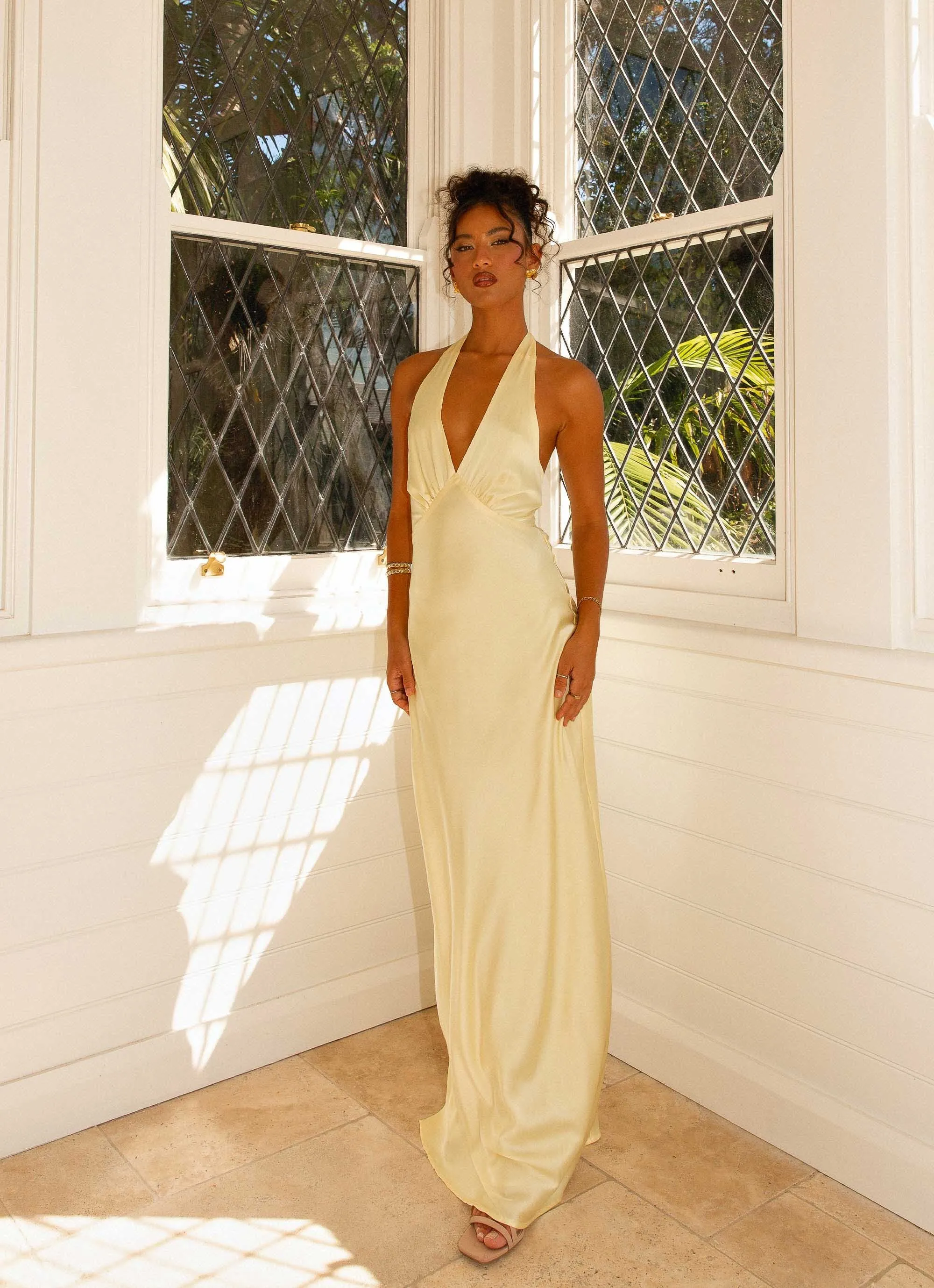 Heavy Hearted Satin Maxi Dress - Lemon Natural Texture Pink Glow